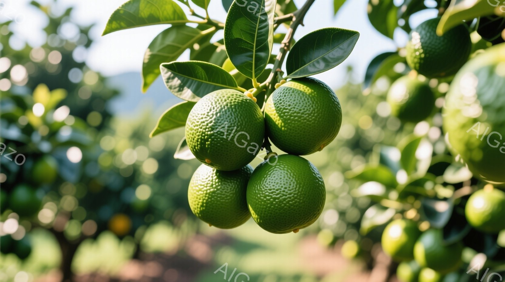 緑色の柑橘類の実が枝に密集してぶら下がっている様子を捉えています。葉は濃い緑色で艶があり、実の周りを覆うように生い茂っています。背景には、他の柑橘類の木々がぼやけて見え、太陽の光が差し込み、明るく穏や - AI生成フリー素材