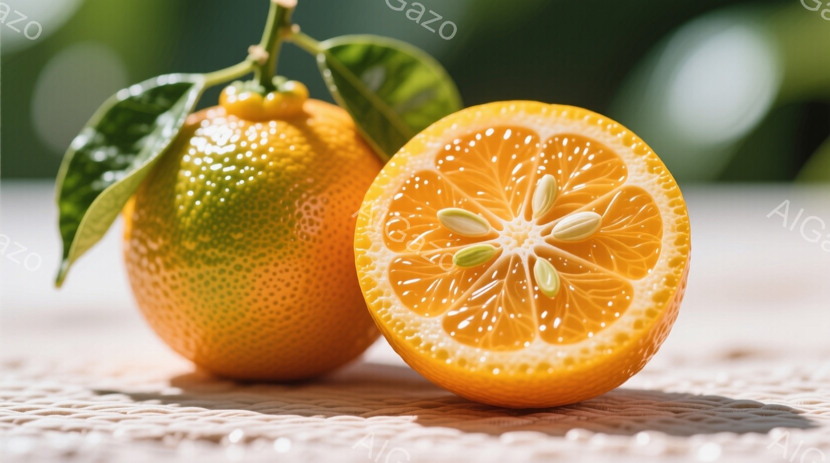 鮮やかなオレンジ色の柑橘類が二つ、白い網目状のテーブルの上に並んでいる。一つは丸ごとで葉が付いており、もう一つは半分にカットされて中身が見える、瑞々しい果肉と種子が印象的だ。背景は緑の葉がぼやけており - AI生成フリー素材