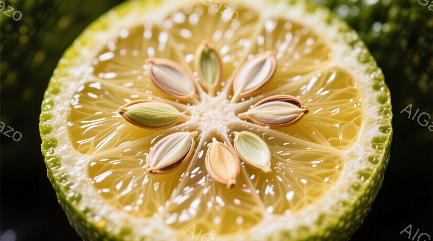 柚子の断面が鮮やかに捉えられています。淡い黄緑色の果肉と、その中心に並ぶ種子が印象的で、種子はそれぞれ淡いピンク色とクリーム色が混ざり合い、独特の美しさを醸し出しています。背景はぼかされており、柚子の繊細な構造が際立っています。