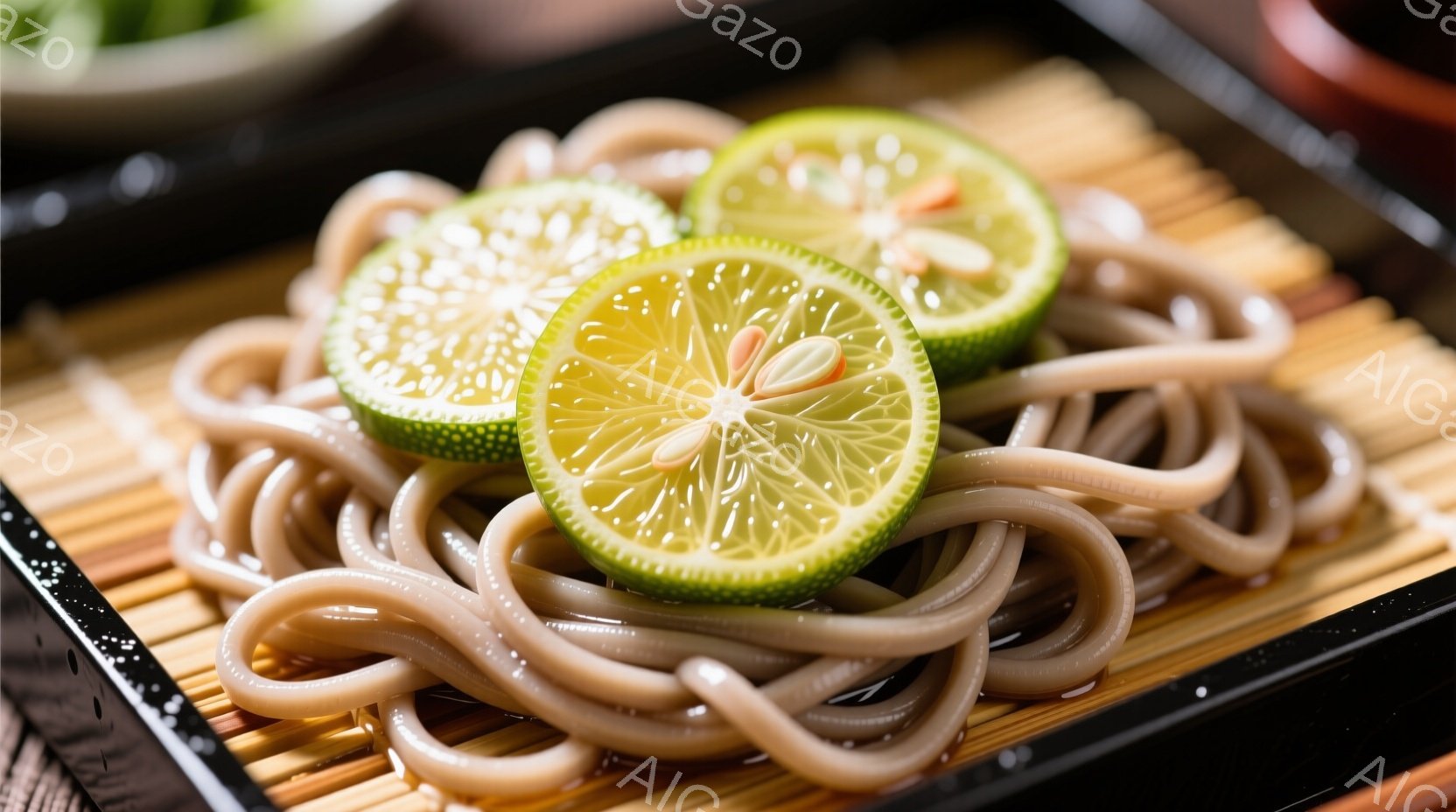 ざるそばが竹のザルに盛られ、中央には半分に切られたライムが3切れ飾られています。黒い膳に竹のマットが敷かれ、そばとライムが際立っています。全体的にシンプルで爽やかな印象で、食欲をそそる構図です。