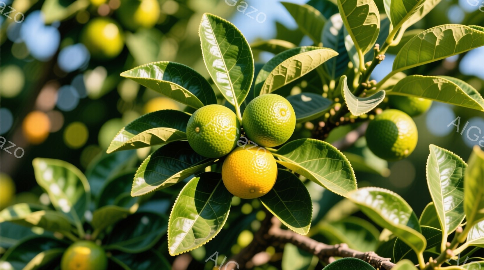 鮮やかな緑の葉に囲まれたオレンジ色の柑橘類が枝に実っている様子が写っている。葉は光沢があり、鮮やかな緑色で、柑橘類はまだ熟していない緑色のものと、より熟したオレンジ色のものが混在している。背景はぼやけ - AI生成フリー素材