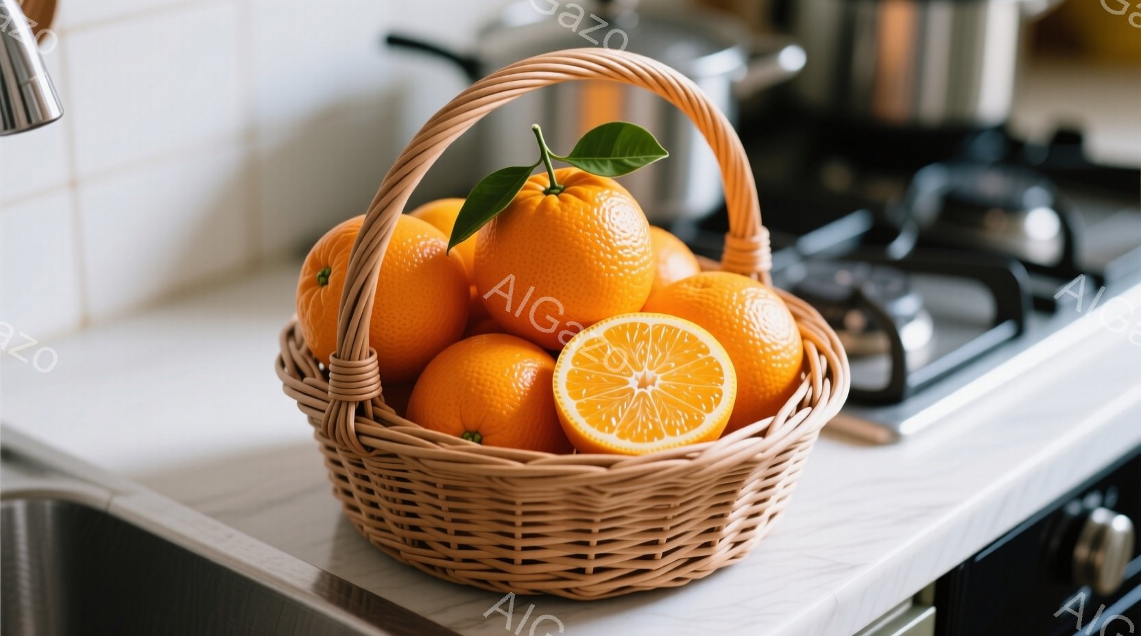 白いカウンタートップに籐のバスケットが置かれ、オレンジがたっぷり入っています。一つのオレンジは半分にカットされており、果肉が見えます。背景には黒いコンロとステンレス製の鍋が見え、キッチンの一角を写した - AI生成フリー素材