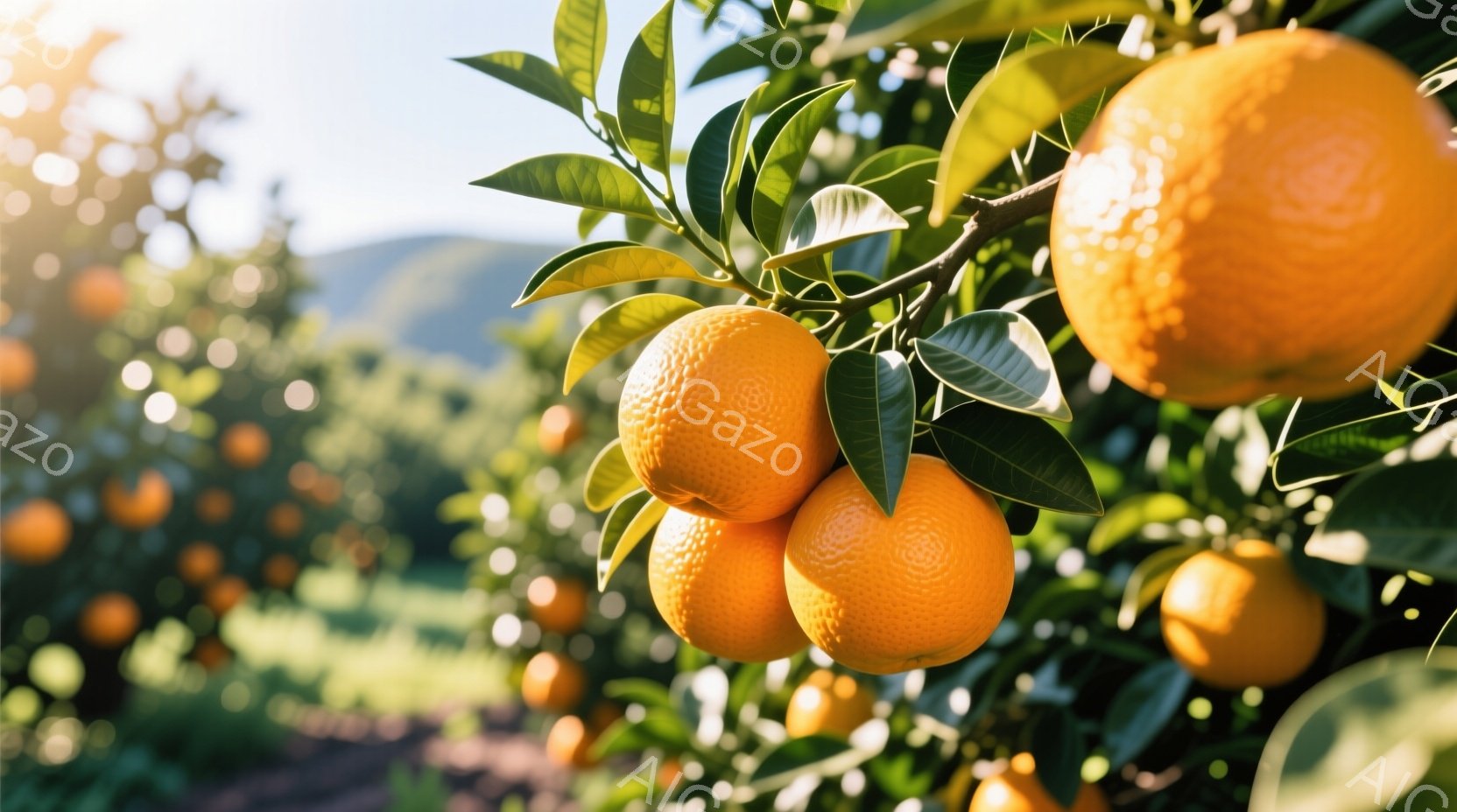 鮮やかなオレンジ色の果実が、緑の葉に囲まれて枝に密集してぶら下がっている様子が捉えられています。背景には、明るい緑色の畑と遠くに見える丘陵地帯が広がり、太陽の光が差し込み暖かな雰囲気を醸し出しています - AI生成フリー素材