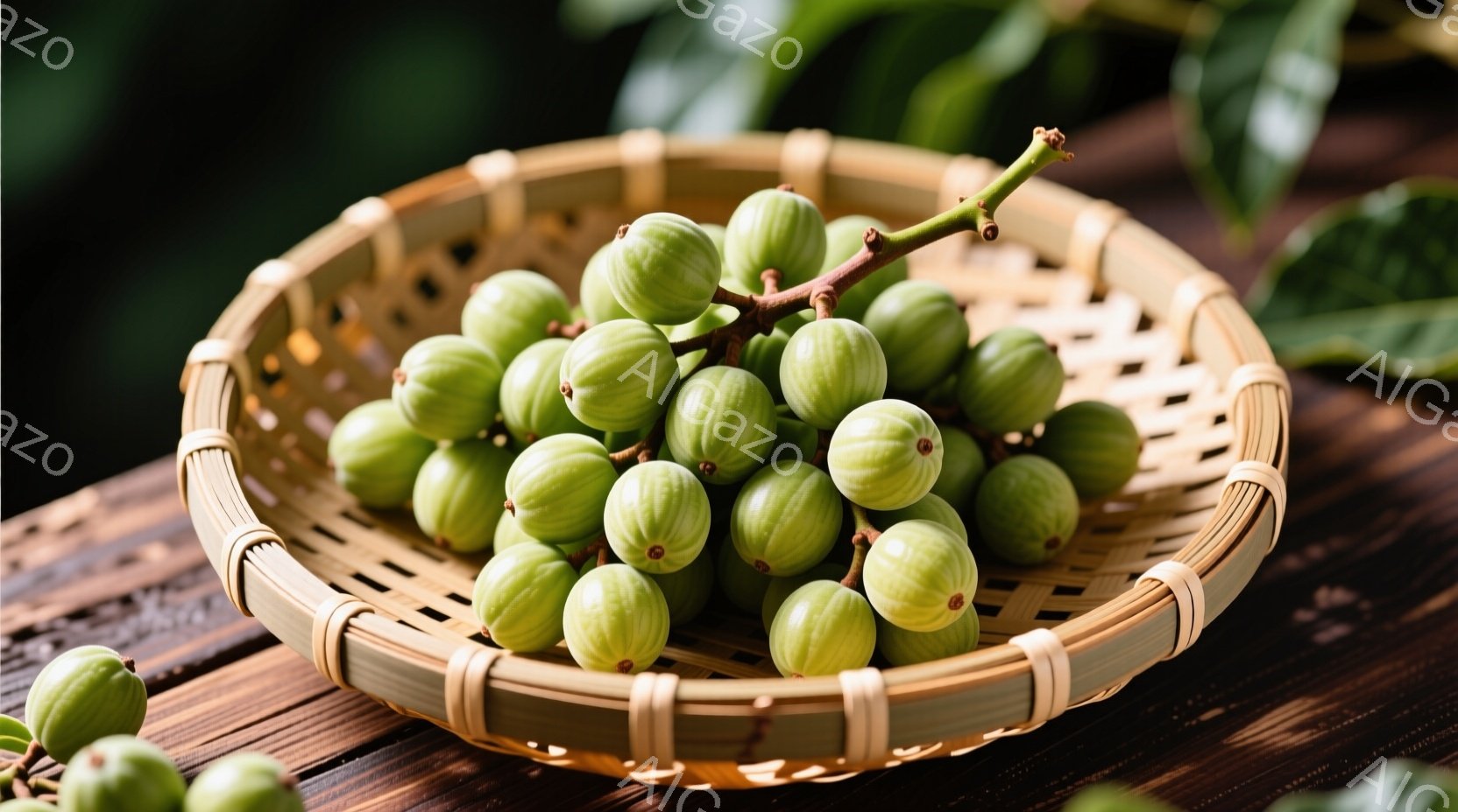 浅い竹籠に、緑色のカラタチの実が山のように盛られています。背景は木製のテーブルで、一部にカラタチの葉が見え、自然な雰囲気です。光が当たることで、実の鮮やかな緑色が際立ち、素朴でありながらも新鮮な印象を - AI生成フリー素材