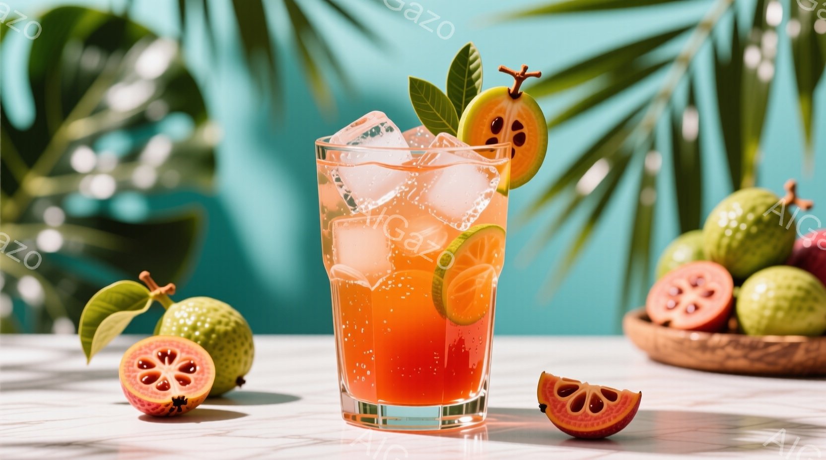 白い大理石のテーブルの上に、ピンク色の炭酸飲料が入ったグラスが置かれています。その周りには、グアバの実とその断面が散りばめられ、背景には緑豊かな植物が配置されています。全体的に明るく爽やかな雰囲気で、トロピカルな夏の日のような印象を与えます。