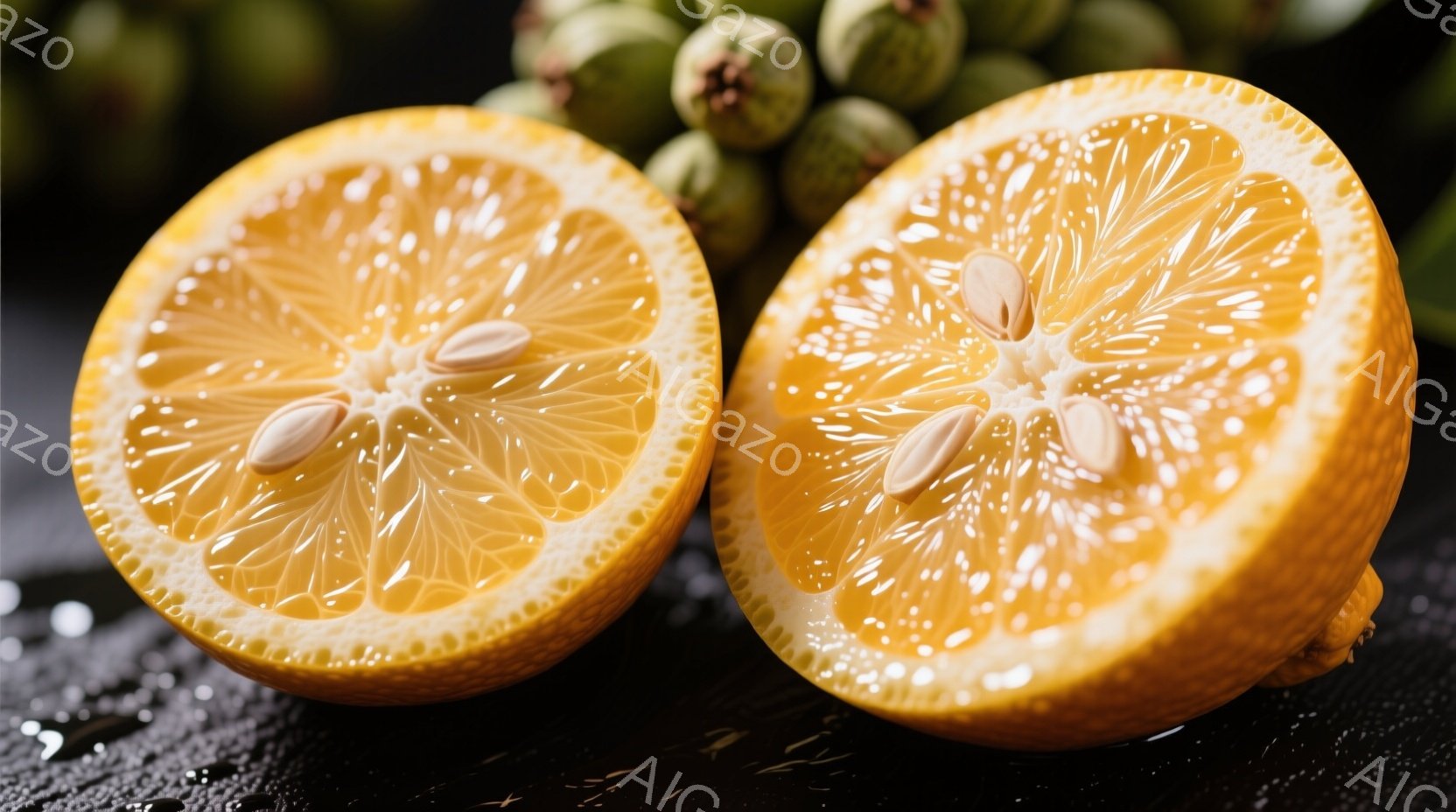 鮮やかなオレンジが半分にカットされ、その断面が露出している。背景には、まだ緑色の小さな柑橘類の実が密集しており、全体的に暗い背景にオレンジの鮮やかな色が際立っている。滴る水分が、果物の新鮮さを強調し、 - AI生成フリー素材