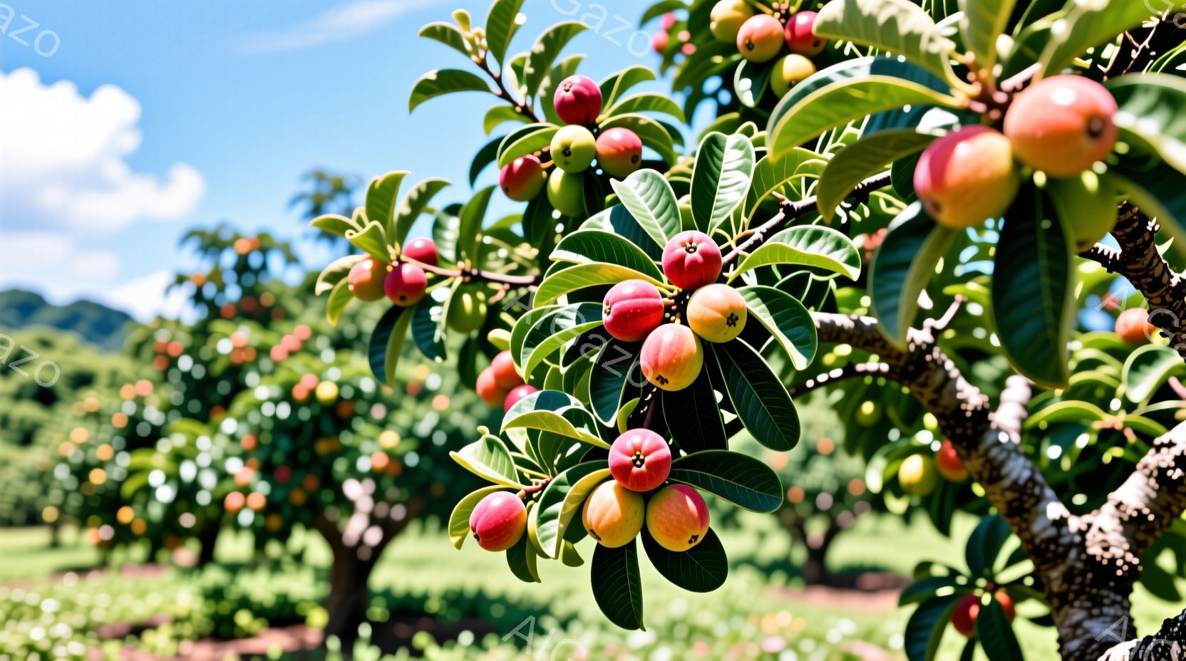 緑豊かな葉と熟したピンクと黄色の果実をつけたイチジクの木を捉えています。背景には、同様の木々が広がり、晴れた青空の下、穏やかで平和な雰囲気を醸し出しています。 果実は豊かに実っており、植物の生命力と自然の恵みを表しています。