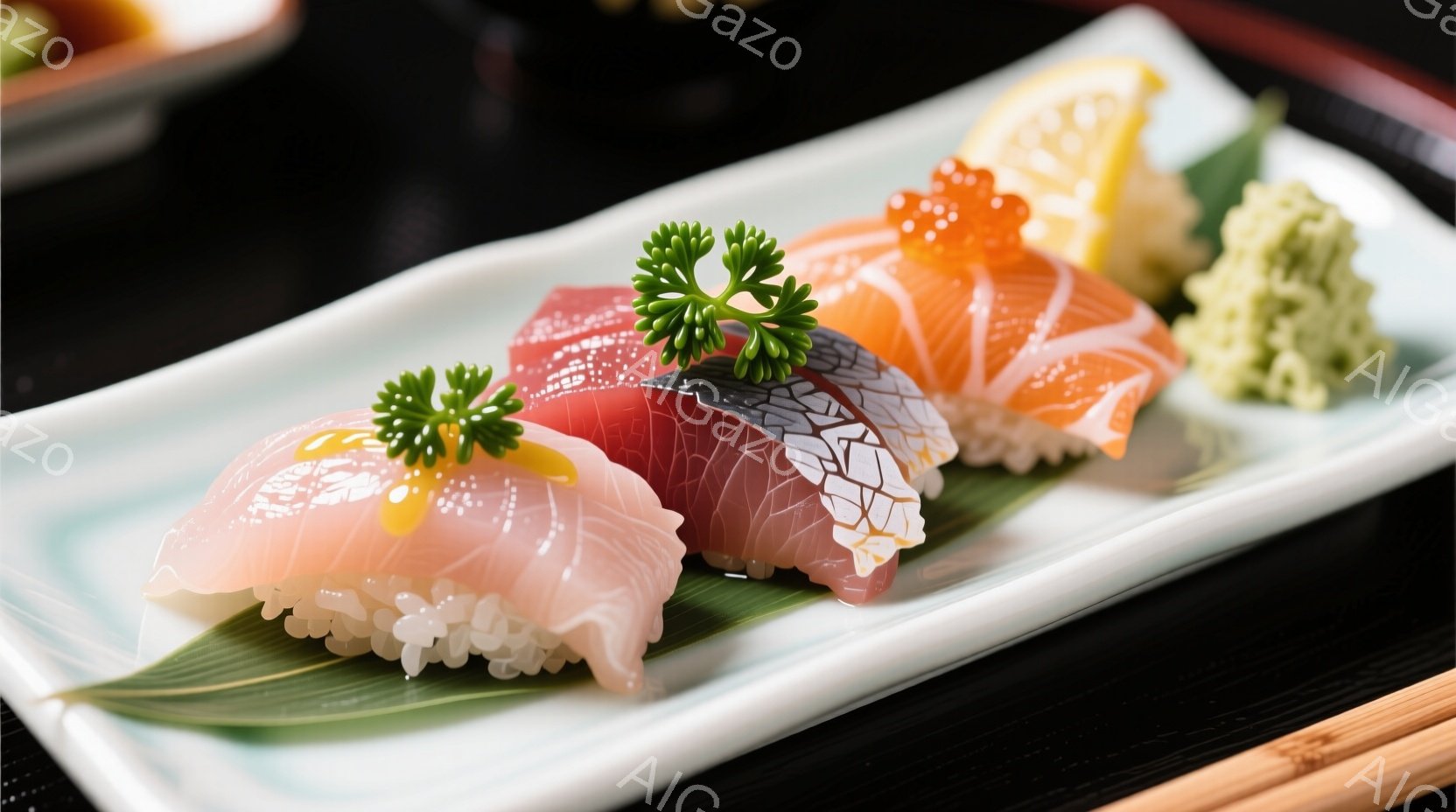 白い長方形の皿に、様々な種類の握り寿司が並べられています。マグロ、サーモン、イカ、そして卵の握りがあり、それぞれに彩りが鮮やかで、パセリの緑が添えられています。背景には、お箸と他の皿がぼんやりと見え、洗練された雰囲気の日本食レストランの様子が伺えます。