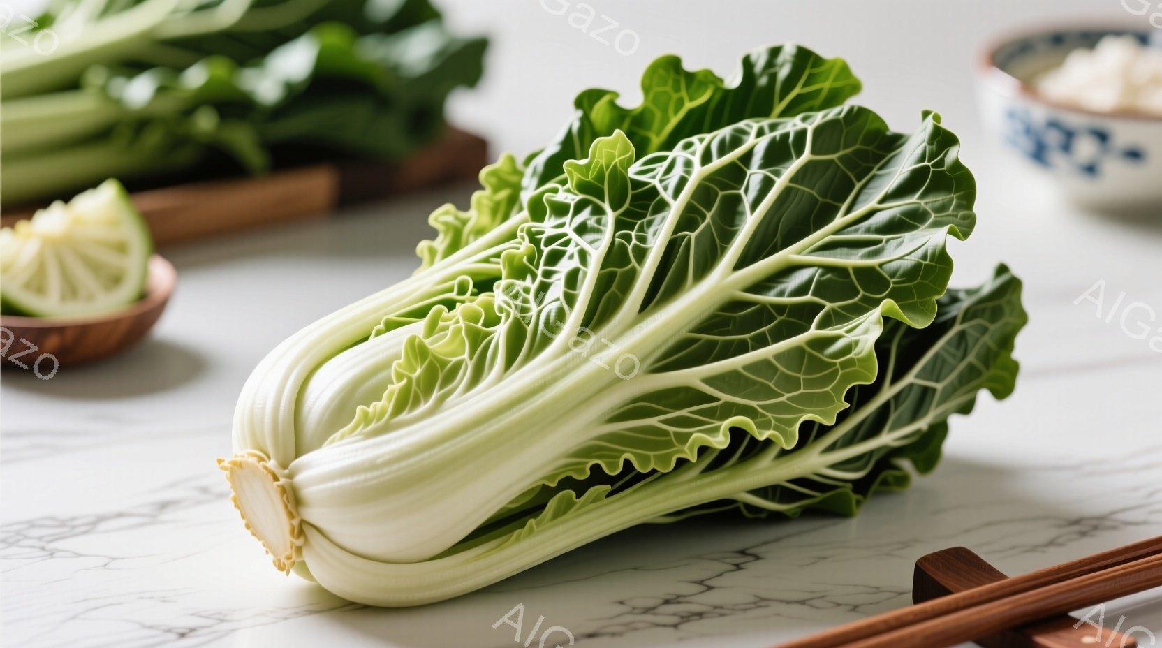 白菜が石のカウンターの上に置かれています。鮮やかな緑色の葉と白い茎が特徴的で、奥には細かく刻まれた白菜と、レモンの切れ端が小さな皿に乗っています。背景には、箸と白い陶器の器がぼんやりと見え、全体的に清潔感のある、食欲をそそる雰囲気です。