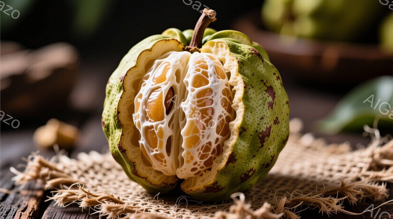 緑と茶色のまだら模様のバンペイユ（釈迦頭）が半分に割れており、白い繊維質の果肉が露わになっています。果実は粗い麻のような敷物の上に置かれており、背景には他のバンペイユと木の板が見えます。全体的に、自然で素朴な雰囲気が漂い、果実の独特な内部構造が強調されています。