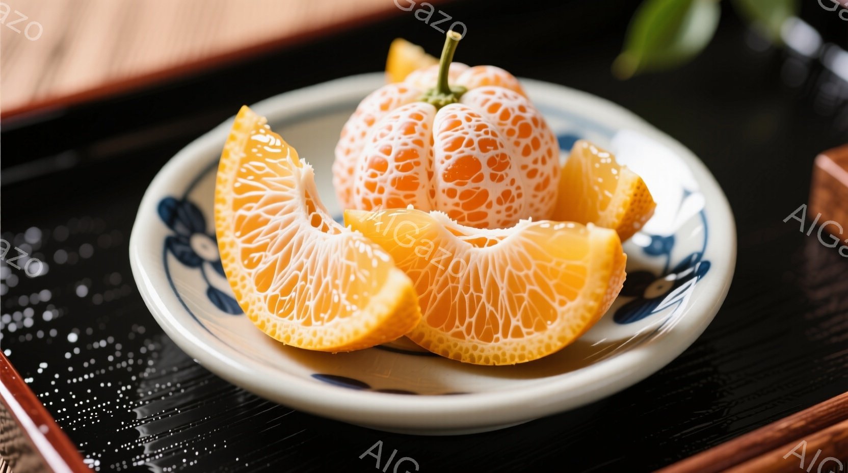 白地に藍色の模様が入った小皿に、みかんが剥きかけで置かれています。みかんは果肉が細かく、その独特な質感が強調されています。黒い背景がみかんの鮮やかなオレンジ色を引き立て、上品で落ち着いた雰囲気を醸し出しています。