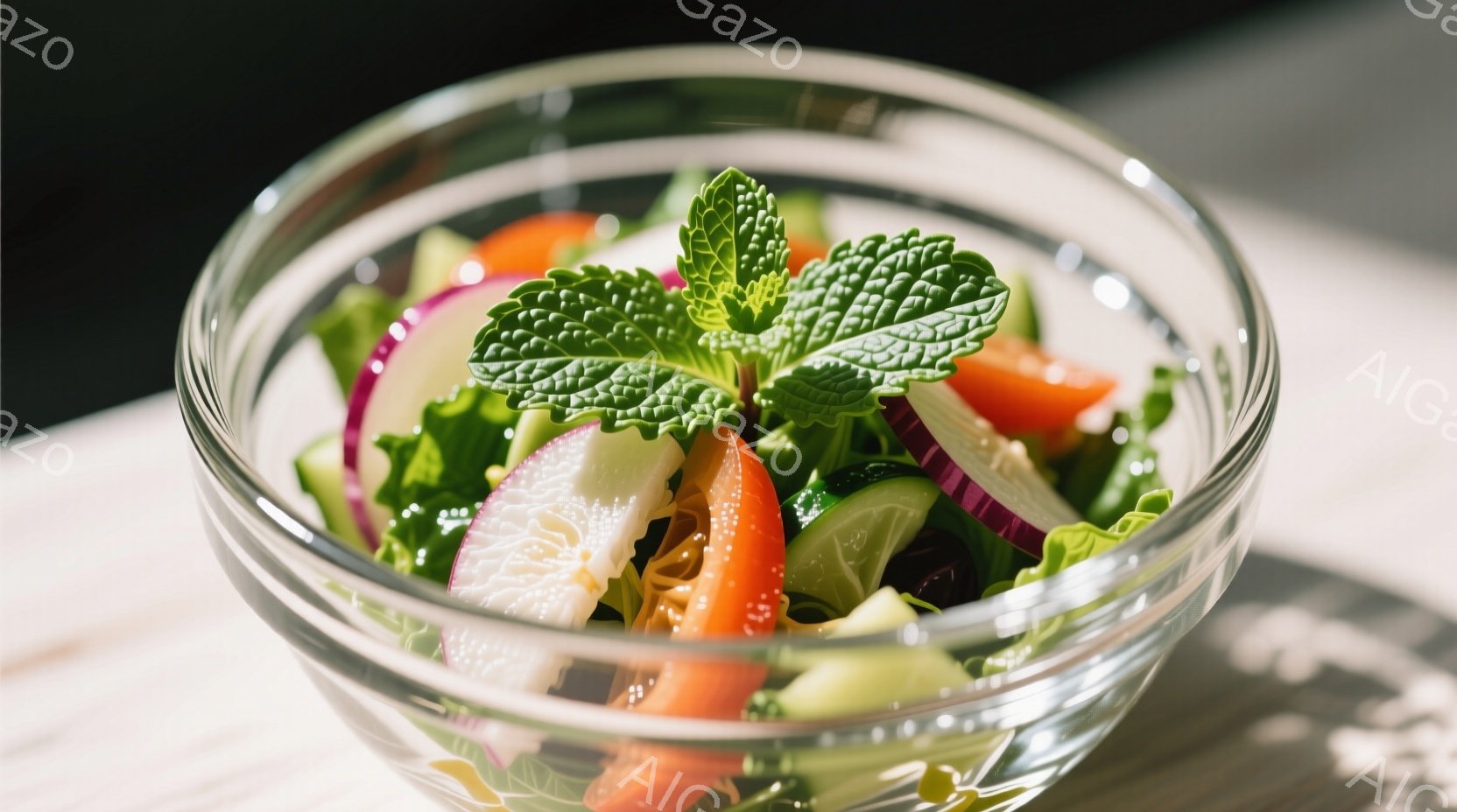 透明なガラス製のボウルに、新鮮なサラダが盛り付けられています。レタス、キュウリ、トマト、赤タマネギなどが彩り豊かに盛り付けられ、ミントの葉が上に飾られています。木目調の背景がサラダの鮮やかさを引き立て、健康的な食生活を連想させる、爽やかな雰囲気です。