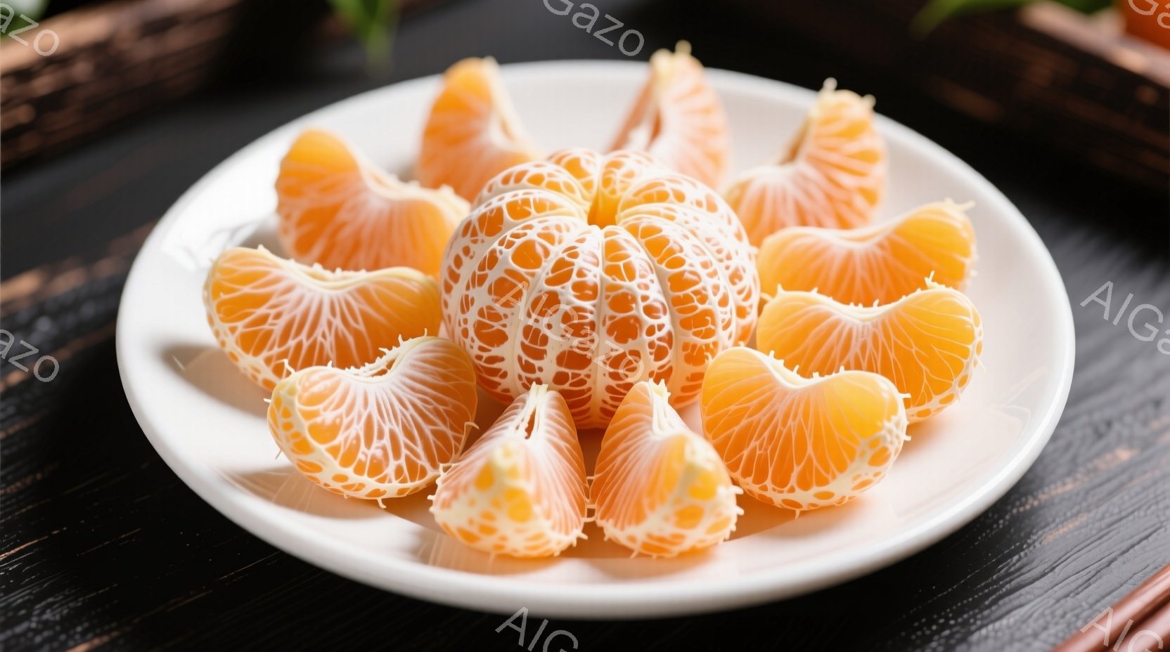 白い皿に、皮をむいたみかんが円形に並べられています。みかんは鮮やかなオレンジ色で、繊維質の果肉がよく見え、瑞々しさを感じさせます。背景には木製のトレーがわずかに見え、全体的に明るく、食欲をそそる雰囲気です。