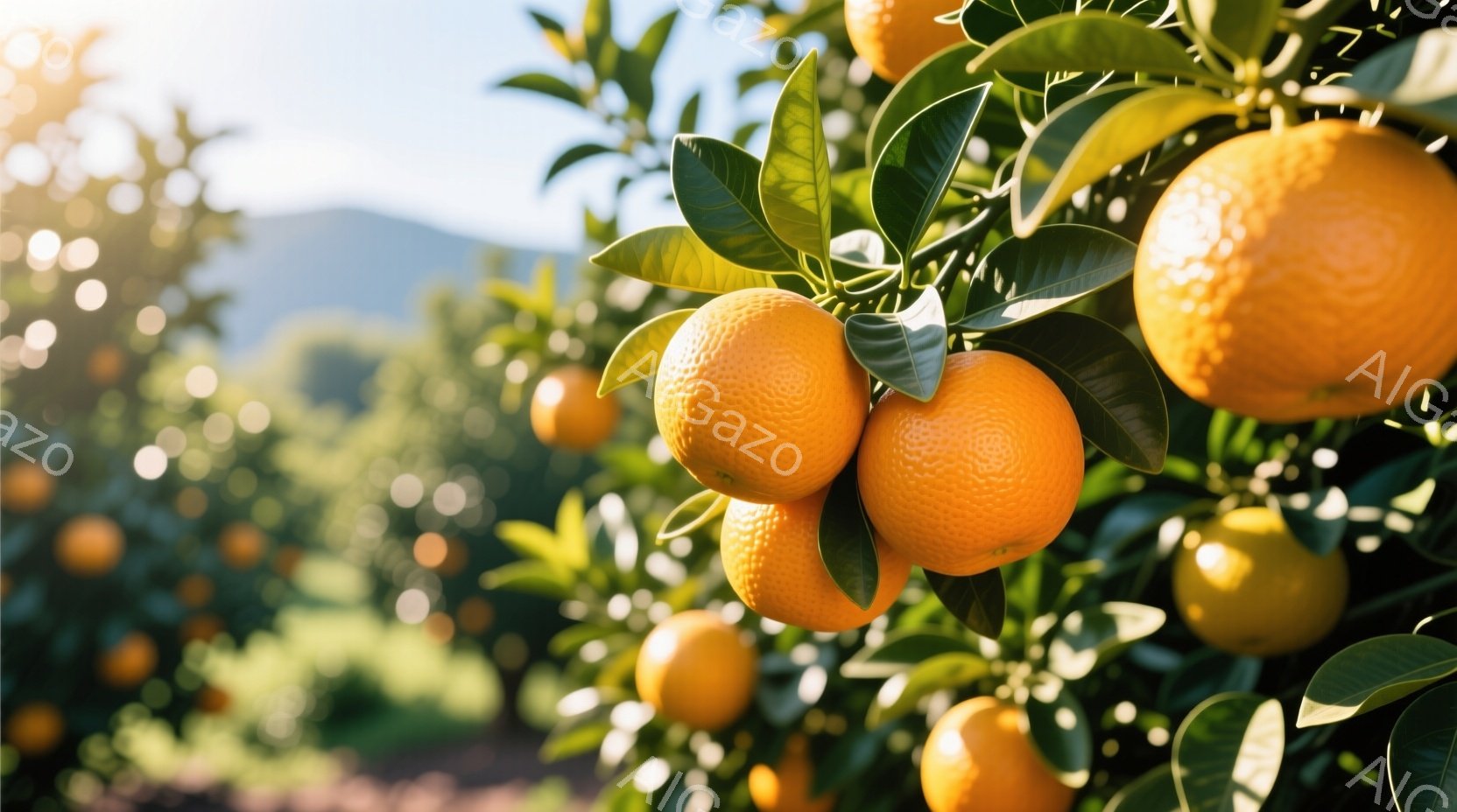 鮮やかなオレンジが緑の葉に囲まれて枝に実をつけている様子が捉えられています。背景にはオレンジの木々が広がり、ぼんやりとした山の稜線が見え、穏やかな晴天を示唆しています。全体的に、豊かで自然な雰囲気が漂 - AI生成フリー素材