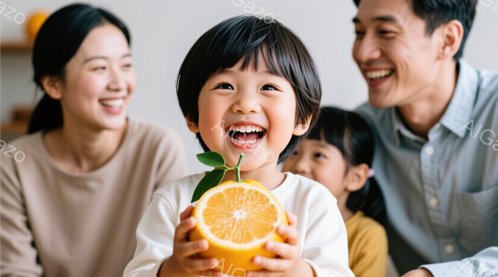 幼い男の子が半分に切られたオレンジを両手で抱え、満面の笑みを浮かべている。背景には、微笑む母親と父親、そして少しぼやけた別の女の子が写っており、家族の温かい雰囲気が感じられる。室内で撮影されたようで、 - AI生成フリー素材