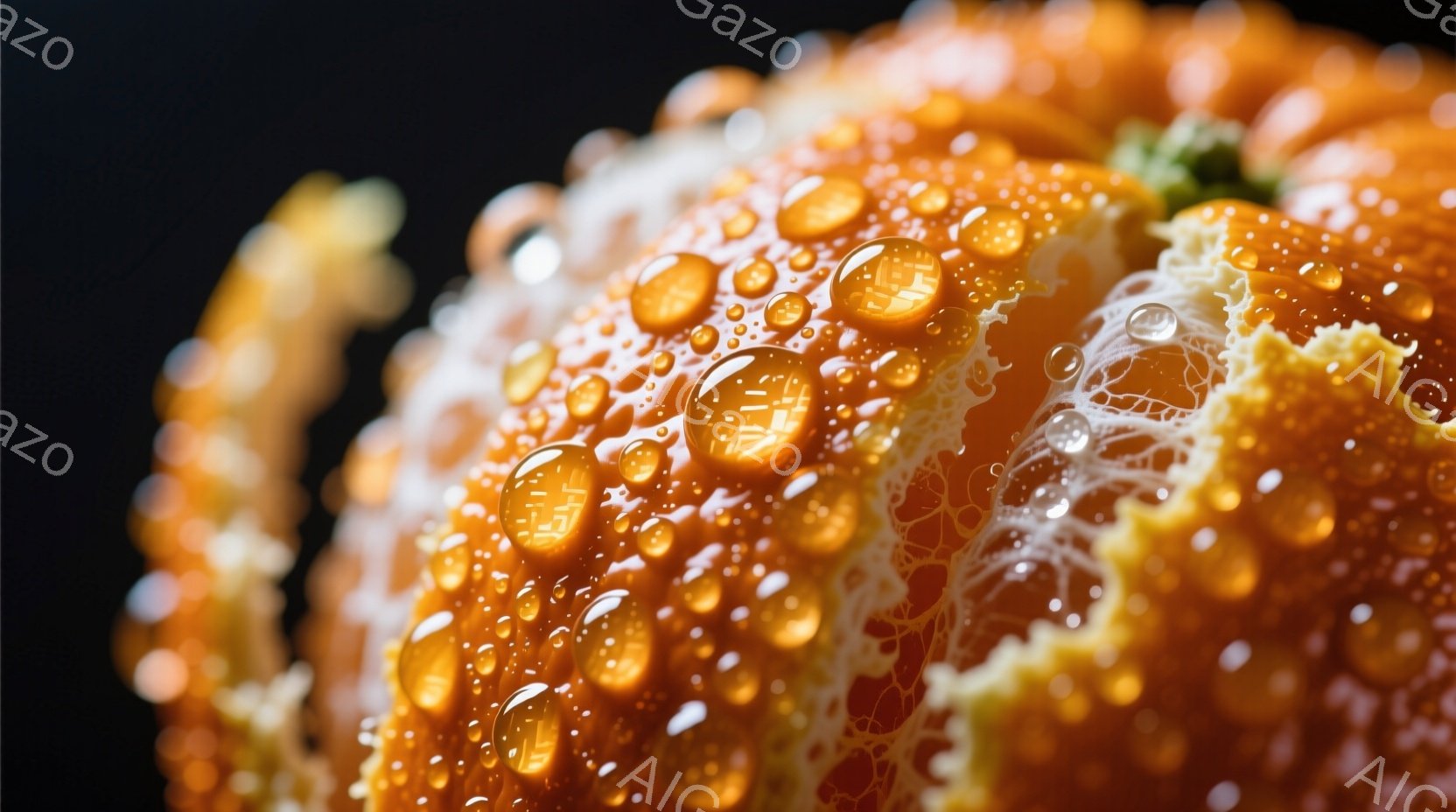 鮮やかなオレンジ色の果物が、水滴で覆われているクローズアップ写真です。果皮は一部が剥がれ、繊維状の白い部分が露出し、水滴がその表面で輝いています。背景は暗く、オレンジ色の鮮やかさを際立たせており、全体 - AI生成フリー素材