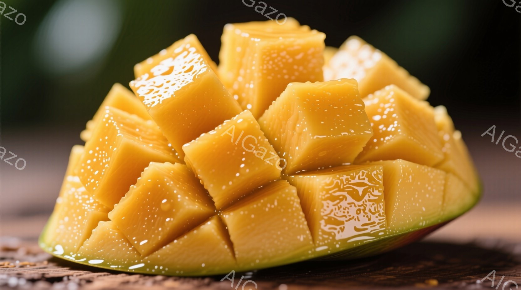 熟したマンゴーが丁寧に角切りにされており、鮮やかなオレンジ色が食欲をそそります。表面には水滴が光り、ジューシーで甘い果肉を想像させます。背景は木製のテーブルで、自然な温かみを加え、マンゴーの鮮やかさを引き立てています。