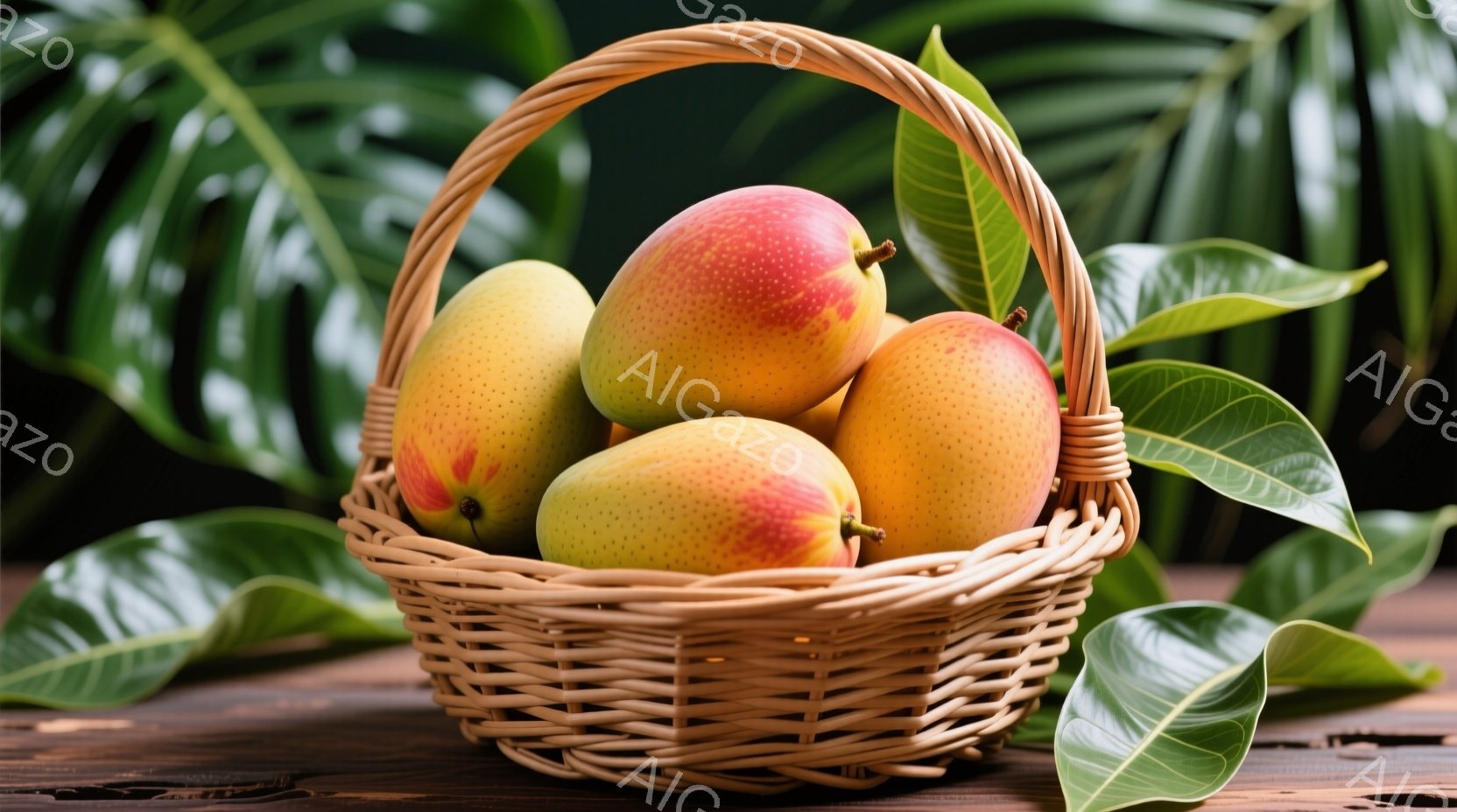 籐で編まれた籠の中に、赤や黄色の美しいマンゴーがいくつか入っています。背景には木製のテーブルと、緑の大きな葉が茂っており、南国風の温かい雰囲気を醸し出しています。鮮やかなマンゴーの色と籐の籠の自然な風合いが、食欲をそそる魅力的な光景です。