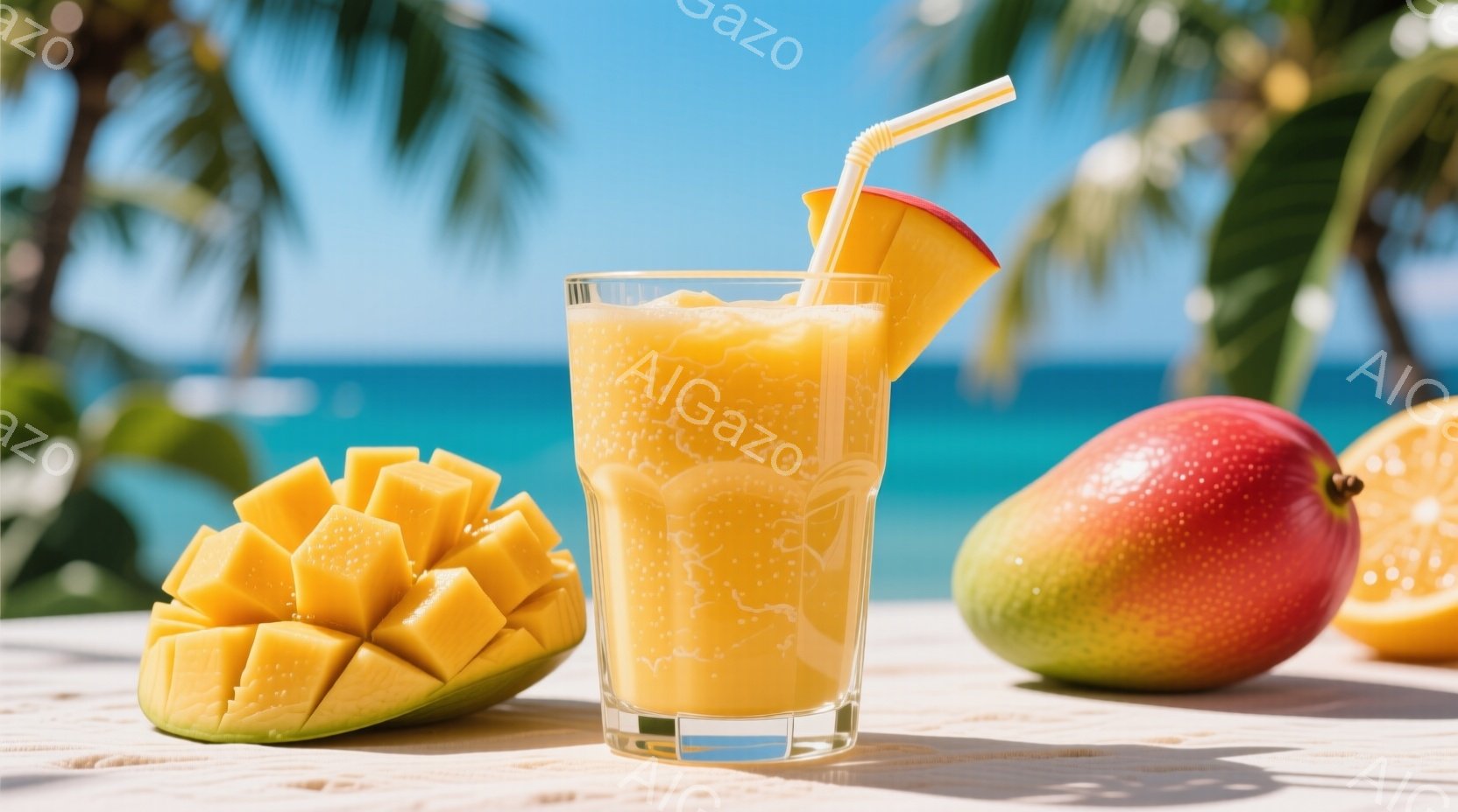 鮮やかな黄色とオレンジ色のマンゴーが、白い木製のテーブルの上に並べられています。グラスにはマンゴーのスムージーが入っており、カットされたマンゴーが飾られています。背景には青い海とヤシの木が見え、明るく爽やかな夏の雰囲気を醸し出しています。