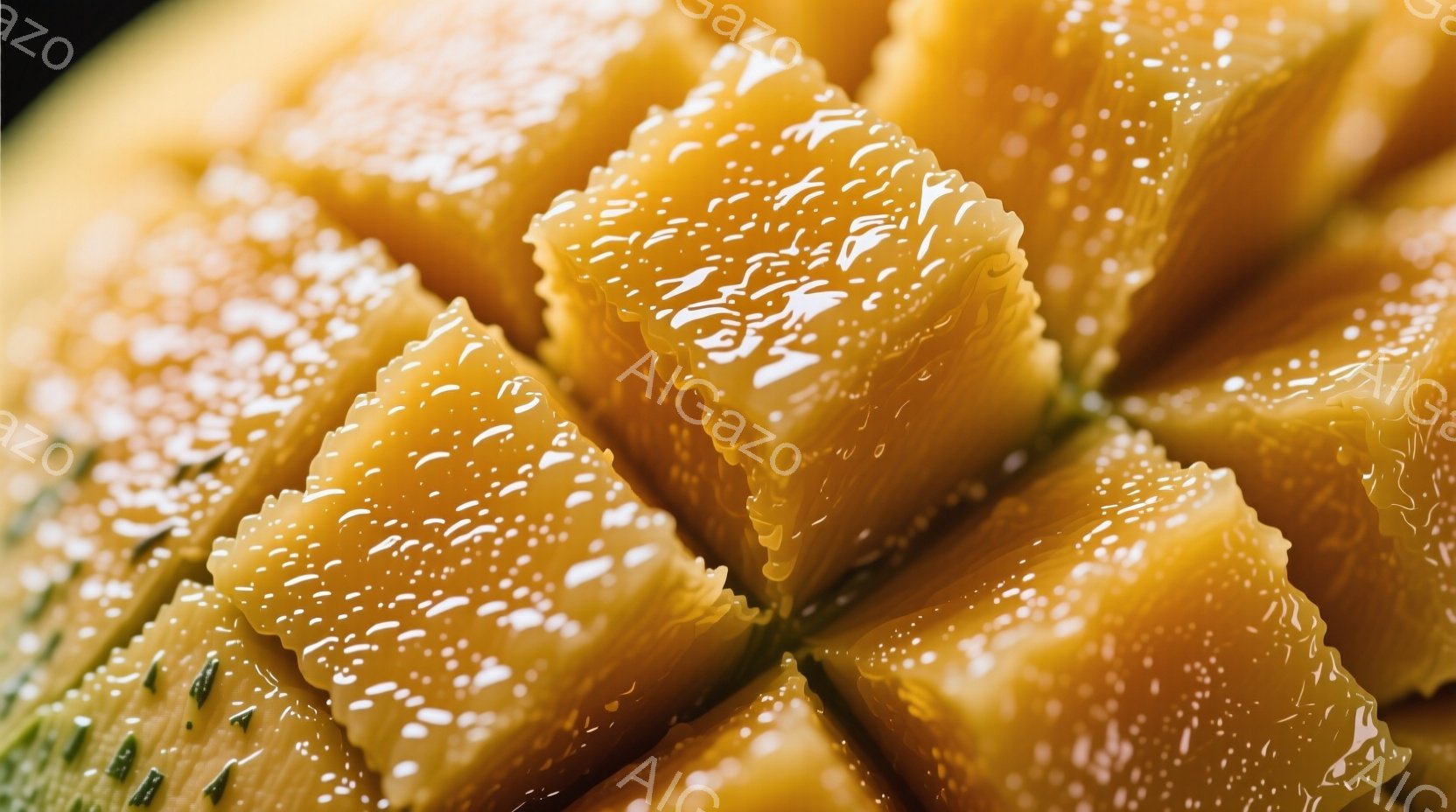 鮮やかなオレンジ色のメロンがクローズアップで写っており、表面には細かい水滴が付着しています。メロンは格子状にカットされており、ジューシーで甘い果肉の質感が強調されています。全体的に明るく、みずみずしい - AI生成フリー素材