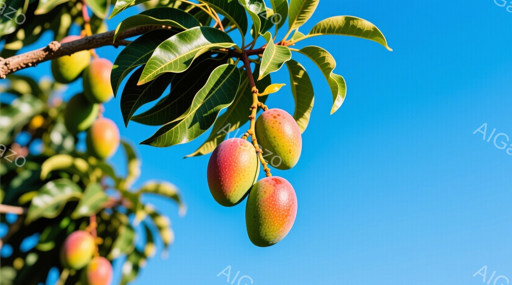 鮮やかな青空を背景に、マンゴーが実った枝が写っている。マンゴーは赤と黄色のグラデーションで、瑞々しく、つややかな葉っぱに囲まれている。全体的に太陽の光が差し込み、夏らしさと豊かな自然を感じさせる穏やか - AI生成フリー素材