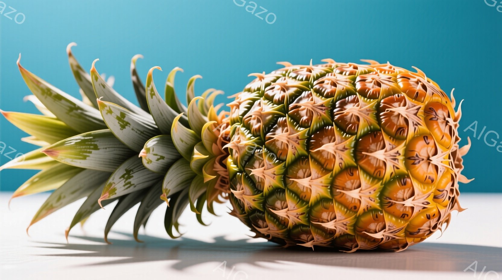 鮮やかな青色の背景に、完熟したパイナップルが横たわっています。パイナップルは茶色と黄色の複雑な模様を持ち、葉は緑色で鋭く、強い影が落ちています。全体的に、トロピカルで新鮮な雰囲気が漂います。