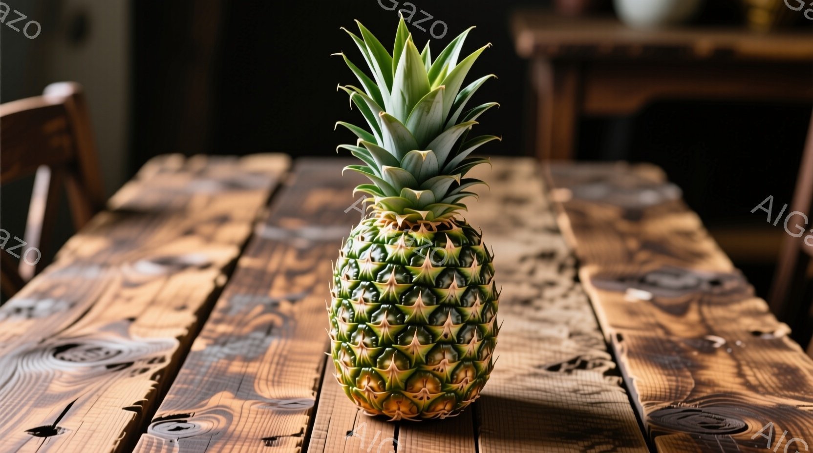 粗い木製のテーブルの上にパイナップルが置かれています。パイナップルは緑と黄色の鱗状の模様を持ち、葉は鮮やかな緑色で、上向きに伸びています。背景は暗く、テーブルの質感とパイナップルの自然な色合いが際立っており、温かく素朴な雰囲気を醸し出しています。