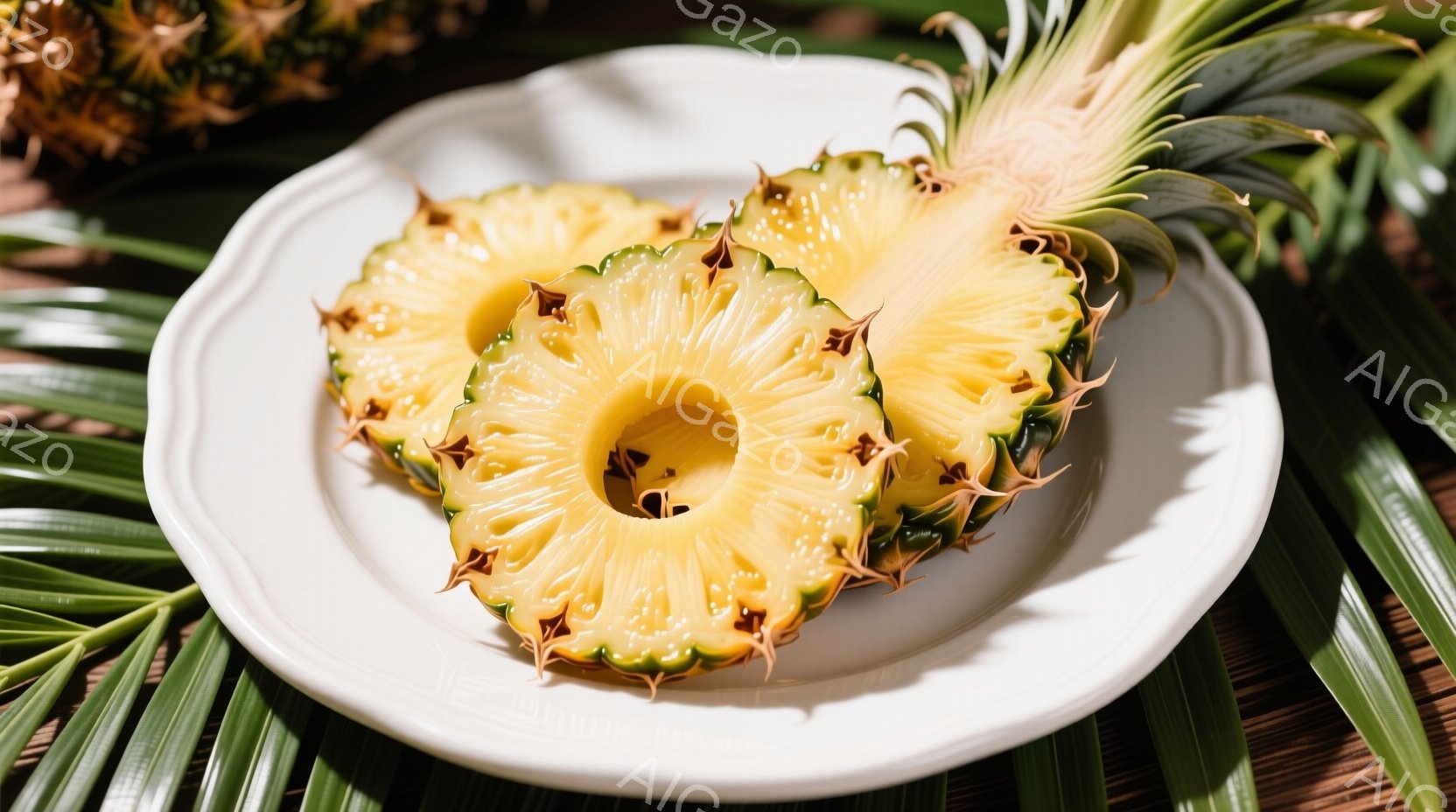 白い皿にカットされたパイナップルのスライスが三つ並んでいます。パイナップルは鮮やかな黄色で、外縁は緑色が混じり、中心には星のような模様が見られます。背景には棕櫚の葉が敷かれ、全体的にトロピカルな雰囲気を醸し出しています。