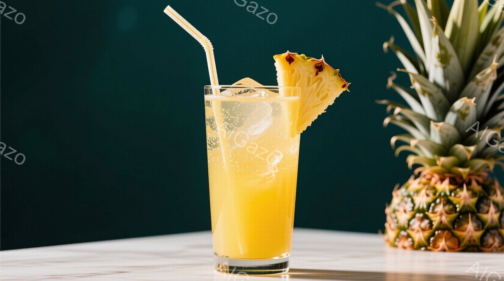 明るい黄色のトロピカルドリンクがグラスに注がれており、縁にはパイナップルのスライスが飾られています。ドリンクは氷で冷やされ、ストローが挿されています。背景は深い緑色で、右側にはパイナップルが置かれており、全体的に爽やかで夏らしい雰囲気です。