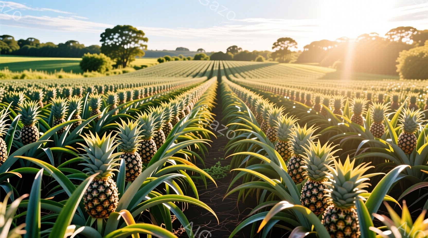 広大なパイナップル畑が、整然とした列でどこまでも続いており、緑豊かな葉が地面を覆っています。遠くには緑の丘と木々が見え、太陽の光が畑全体を照らし、温かく穏やかな雰囲気を作り出しています。空は晴れており、全体的に豊かで活気のある農村の風景が広がっています。