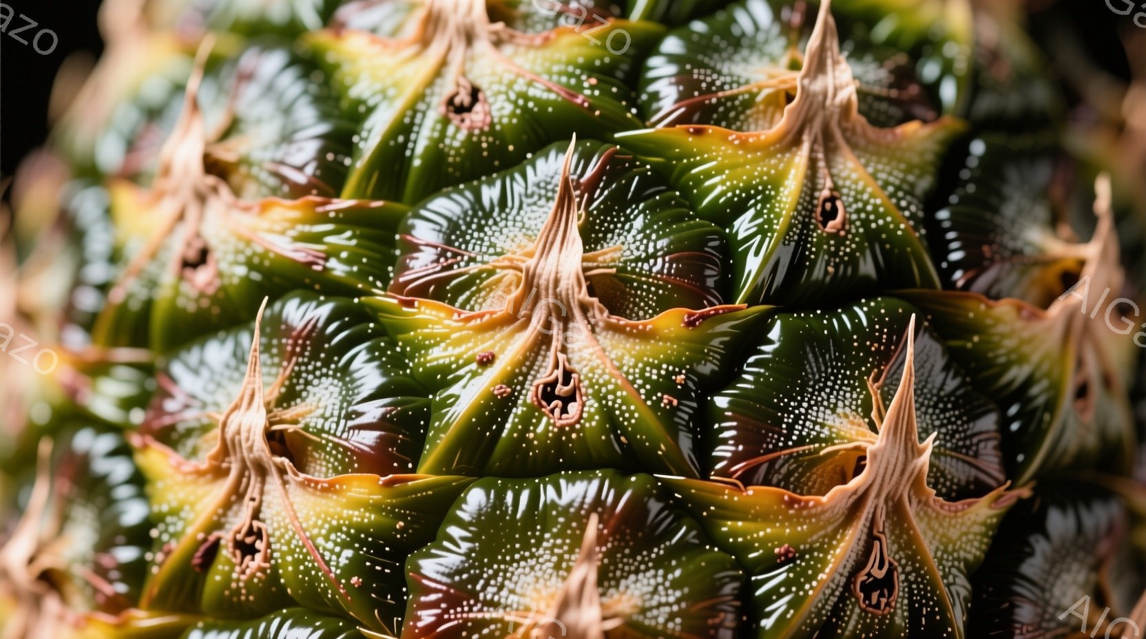画像は多肉植物のクローズアップで、葉は緑と茶色が混ざり合い、独特の模様が広がっています。葉の先端は尖っており、表面には白い斑点が散らばっています。背景はぼやけており、植物の複雑な形状と質感が際立ってい - AI生成フリー素材