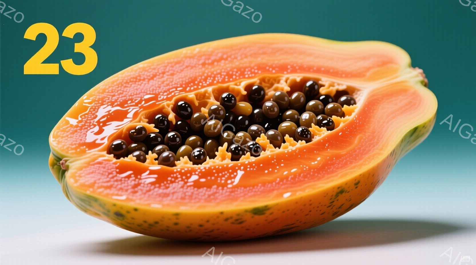 パパイヤの半分が、白っぽい背景に置かれています。果肉は鮮やかなオレンジ色で、中央には小さな黒い種が密集しています。果皮には緑色のまだら模様が見られ、全体的に瑞々しい印象を与えます。 - AI生成フリー素材