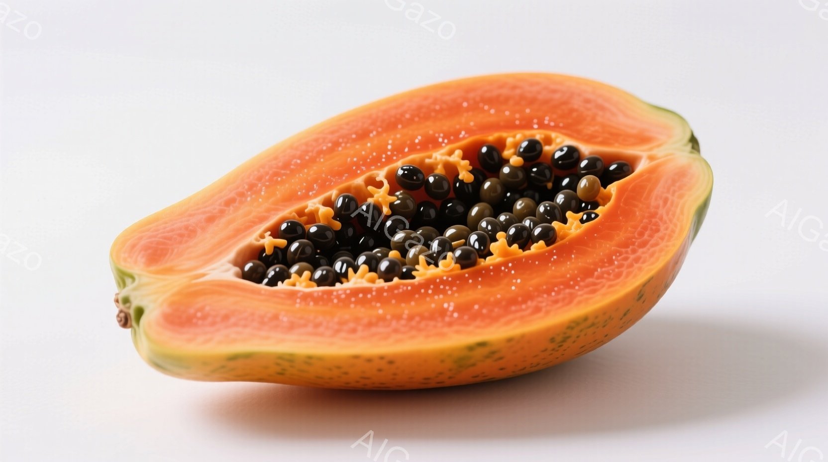 パパイヤが半分にカットされたものが写っています。果肉は鮮やかなオレンジ色で、中央には黒い種が密集しています。背景は白く、影がわずかにあり、パパイヤが浮き上がって見えます。 - AI生成フリー素材