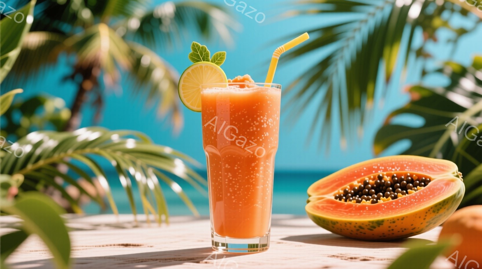 鮮やかなオレンジ色のパパイヤスムージーがグラスに注がれ、ライムのスライスとミントの葉が飾りとして添えられています。スムージーの隣には、半分にカットされたパパイヤがあり、黒い種が見えます。背景はターコイズブルーの海とヤシの木で、晴れた日のトロピカルなリゾートの雰囲気を醸し出しています。
