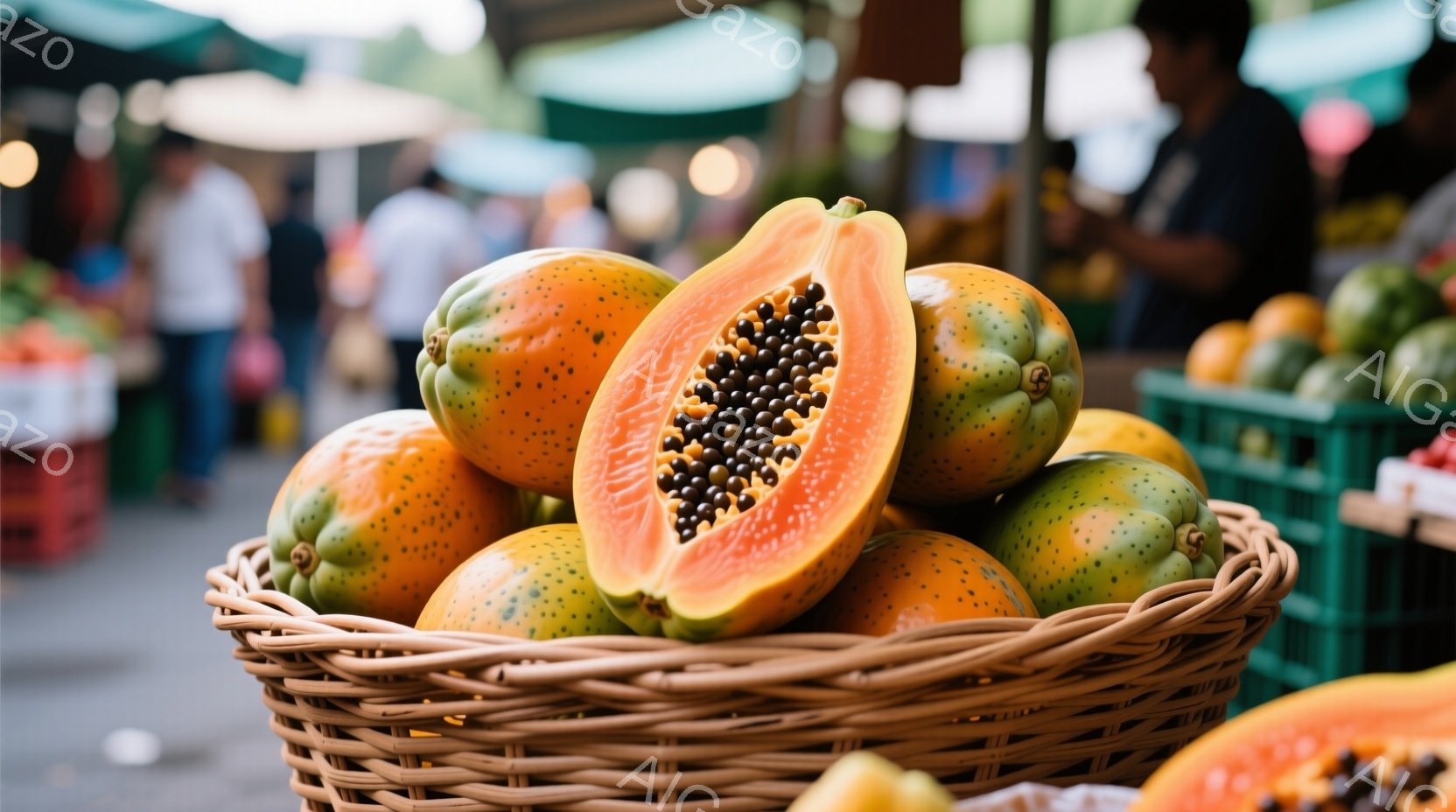 パパイヤが籠にたくさん詰まっており、そのうちの一つは半分にカットされて中にある黒い種が見える。背景には、他の果物や野菜が積まれた棚があり、ぼやけた人影が見えることから、市場か直売所のような場所であるこ - AI生成フリー素材