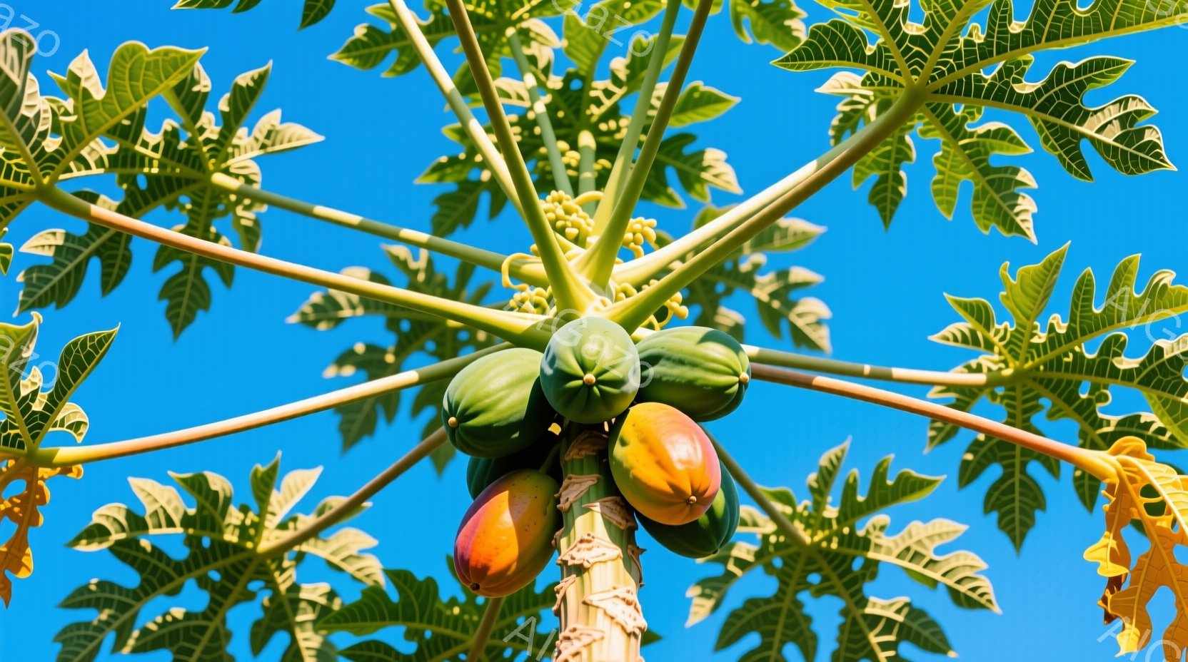 パパイヤの木が青空を背景に高くそびえ立っており、未熟な緑色のパパイヤと、熟して赤みを帯びたパパイヤが、木の幹に密集してぶら下がっている。大きな葉が広がり、鮮やかな緑と一部に黄色の斑点が、強い日差しの中 - AI生成フリー素材