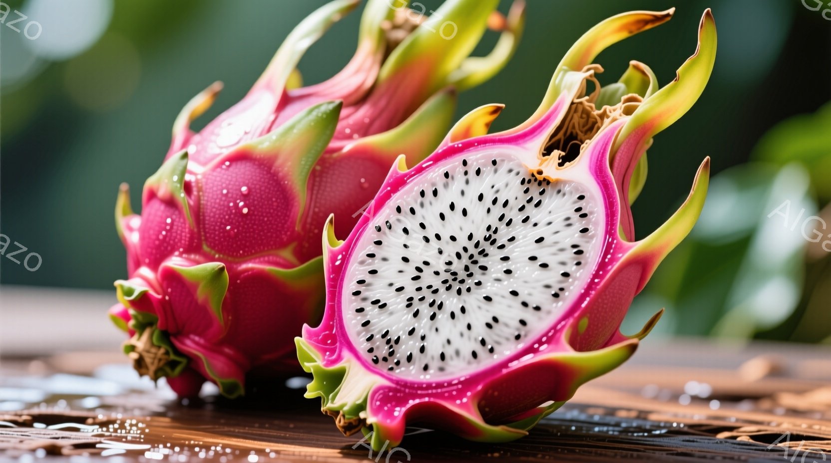 鮮やかなピンク色のドラゴンフルーツが、木製のテーブルの上に置かれています。一つは半分にカットされており、白く、黒い種が散りばめられた果肉が露わになっています。背景にはぼやけた緑があり、果物の鮮やかな色 - AI生成フリー素材