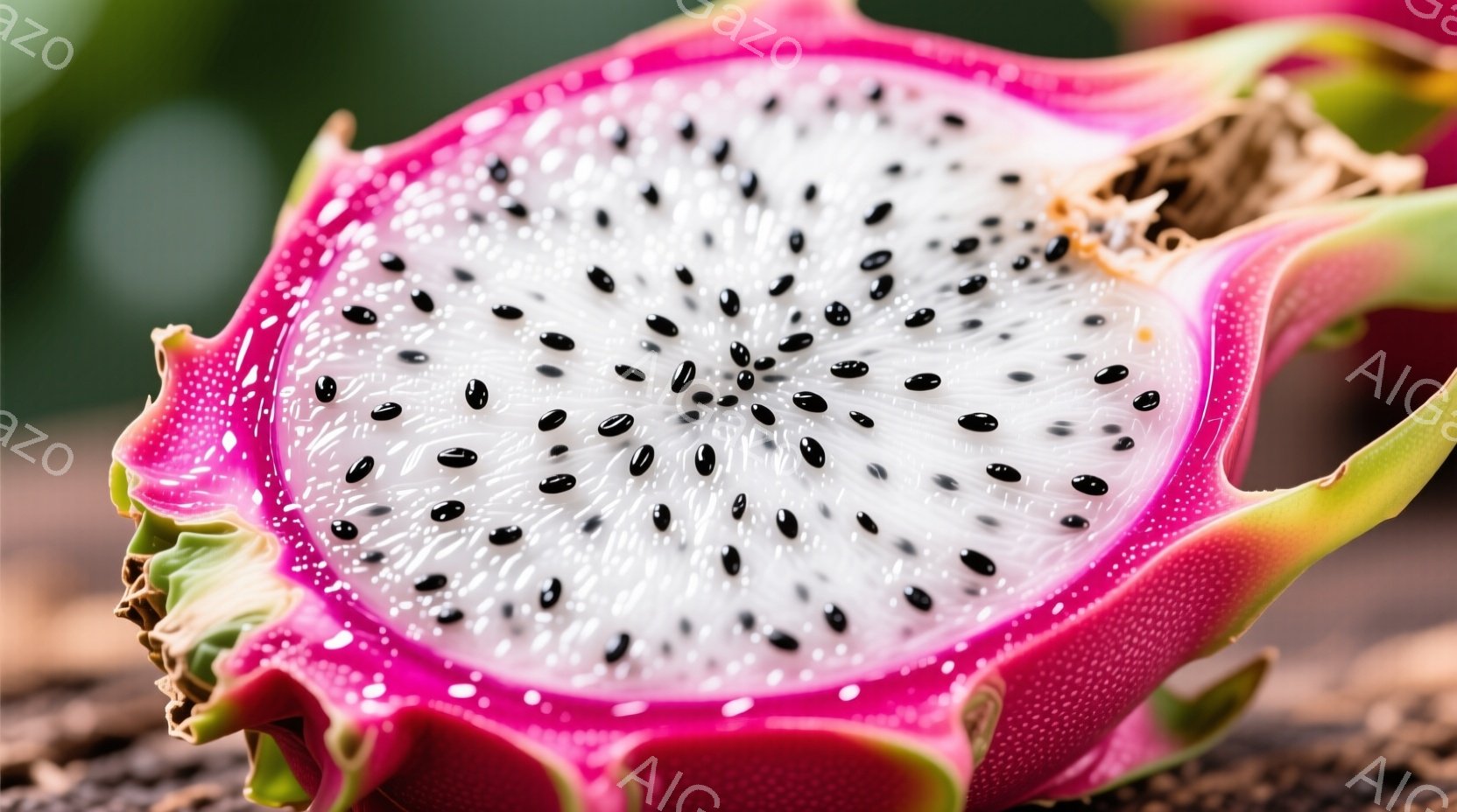 ドラゴンフルーツの断面が鮮やかに写っている。ピンク色の果皮と白い果肉、そして黒い種子のコントラストが印象的で、まるで宝石のような美しさがある。背景は木製の表面で、自然な雰囲気を醸し出している。