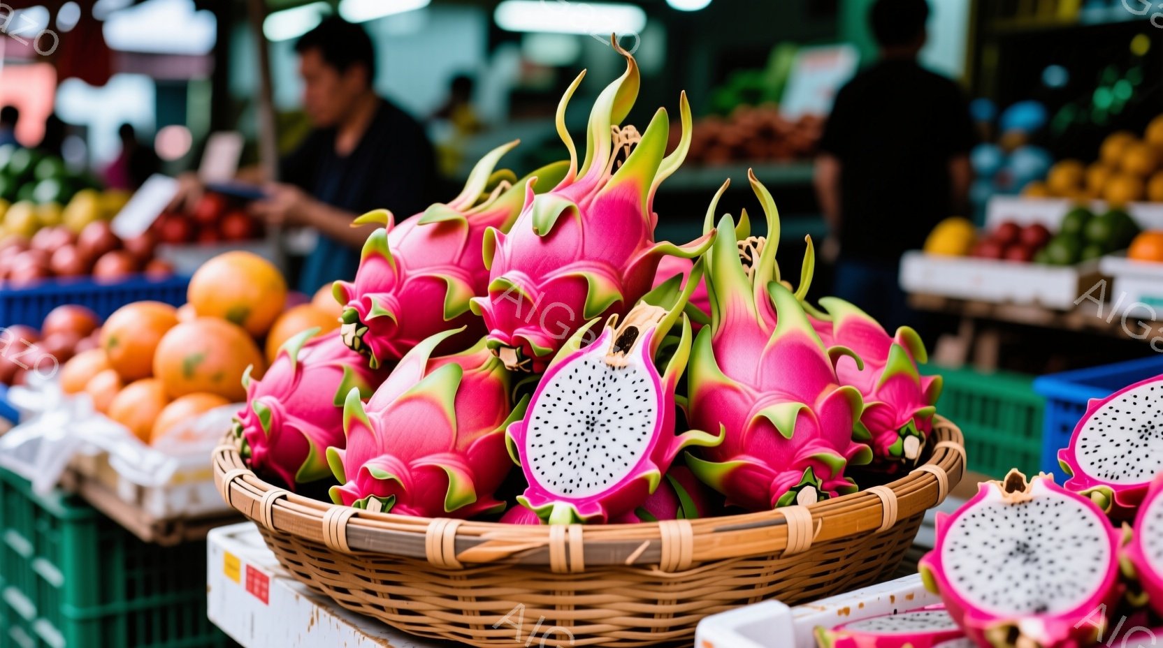 鮮やかなピンク色のドラゴンフルーツが、編み込まれたバスケットに山のように積まれています。背景には、様々な種類の果物が段ボール箱に並べられ、市場の賑わいを示唆しています。全体的に、色彩豊かで活気のある、 - AI生成フリー素材