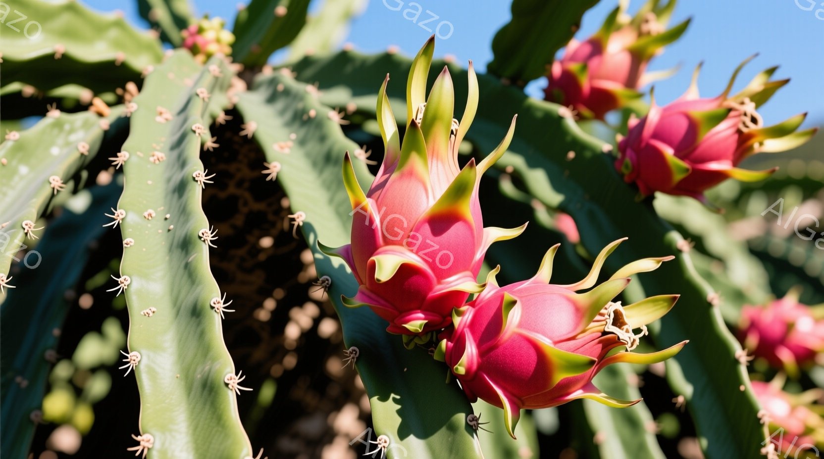 鮮やかなピンク色のドラゴンフルーツが、緑色のサボテンの茎に密集して咲き誇っています。鋭い棘と花びらのコントラストが印象的で、背景には青空が広がり、暖かい日差しが感じられます。全体的に生命力にあふれた、熱帯の雰囲気が漂う写真です。