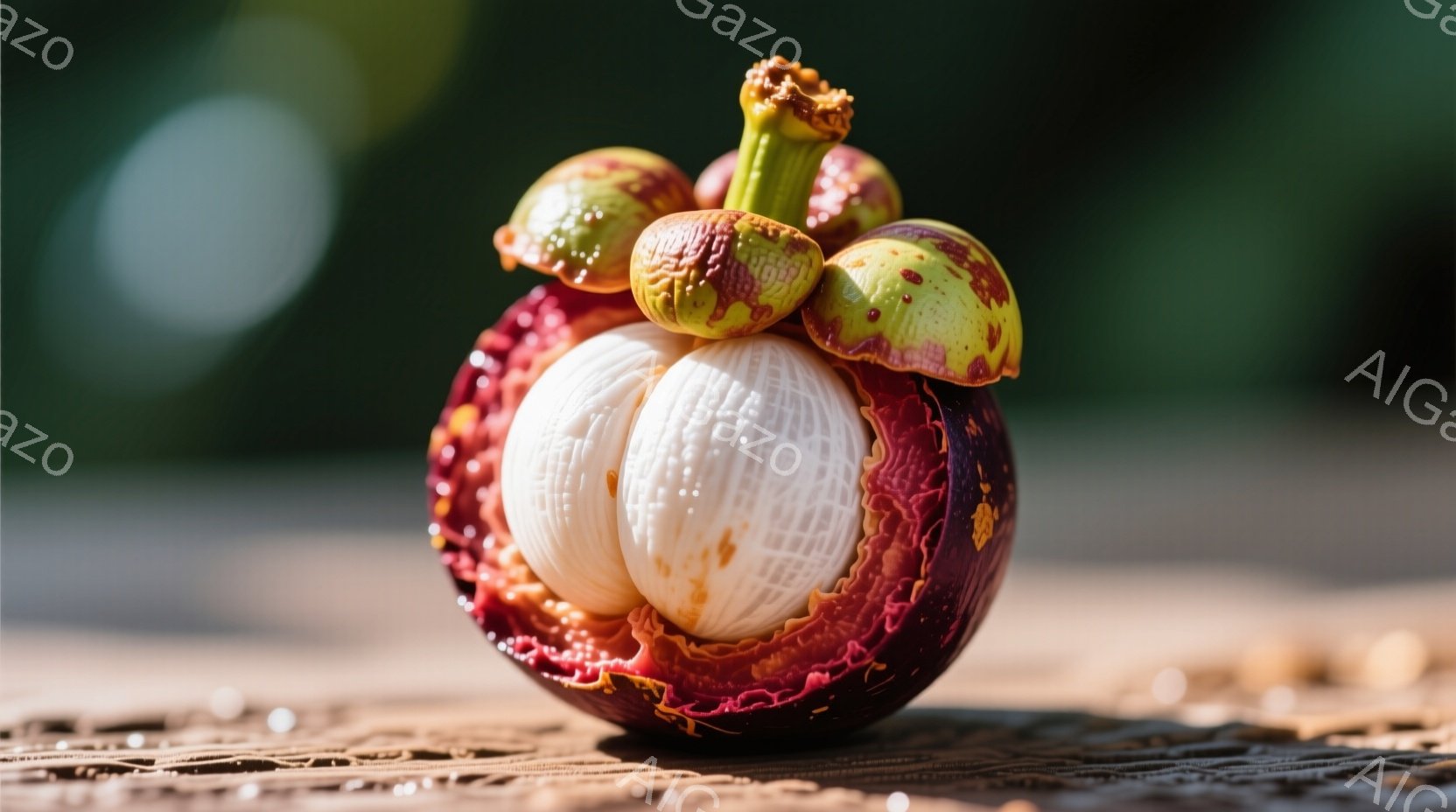 鮮やかな赤紫色の外皮が剥がれ、白く丸い果肉が露わになったマンゴスチンの断面が写っている。果肉はつややかで、上に緑色のつぼみがいくつか乗っている。背景は茶色の木製の柵で、ぼやけた緑色の植物が見える。