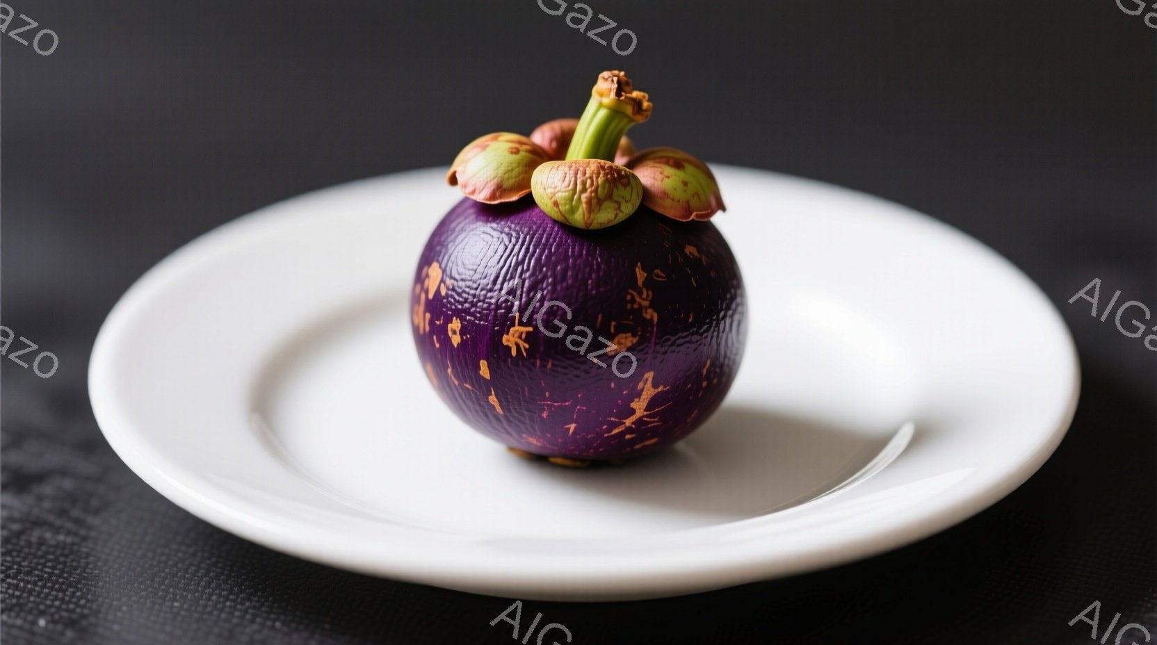 紫色のマンゴスチンが白い皿の中心に置かれています。果実は丸みを帯びており、独特の茶色い萼（がく）が付いていて、表面にはわずかな傷や凹みが見られます。背景は暗く、果物が際立って見え、全体的にシンプルでミニマルな印象を与えます。