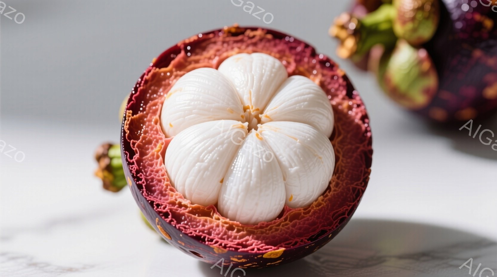 鮮やかな紫色のマンゴスチンの断面が写っている。白い果肉は房状に分かれており、薄い膜で覆われている。背景は白っぽい大理石のようなもので、光が柔らかく反射して、果物の色を引き立てている。