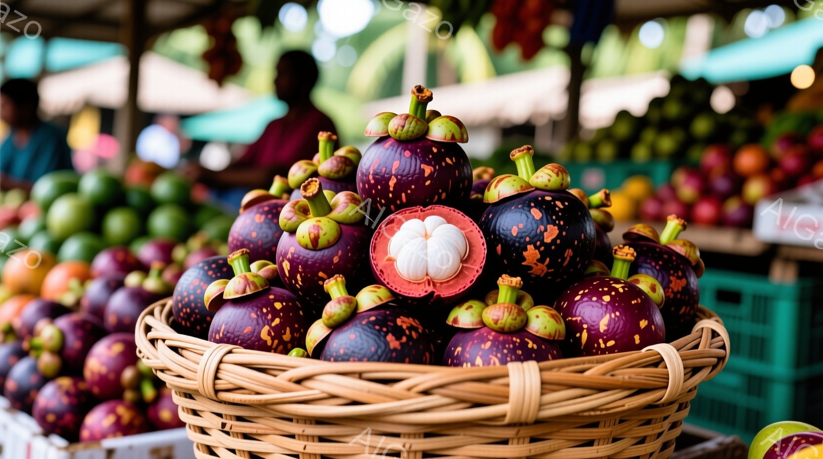 籠いっぱいのマンゴスチンが鮮やかな紫色で目を引く、市場の一角の様子です。一部実が割れており、白く丸い果肉が露わになっています。背景には他の果物や、ぼやけた人物が見え、活気ある市場の雰囲気が伝わってきま - AI生成フリー素材