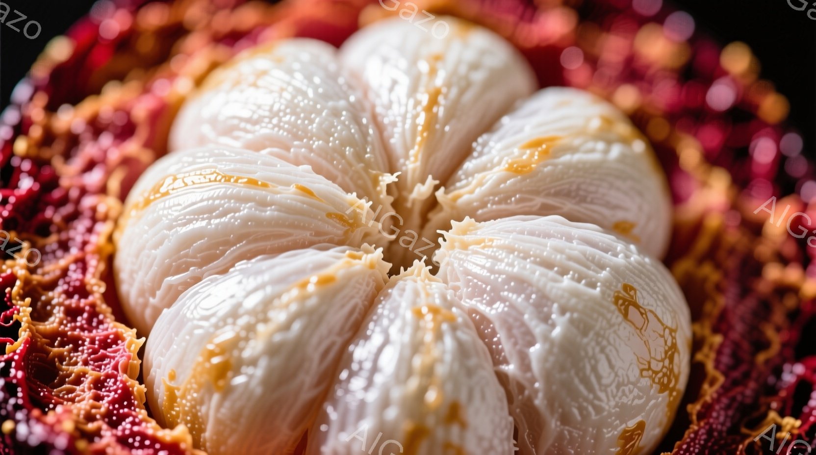 白い花びらのような幾重にも重なった布地が、中心に向かって集まり、まるで抽象的な花のような形状を形成している。背景には、オレンジ色と赤色の糸のようなものが複雑に絡み合い、鮮やかなコントラストを生み出している。全体的に柔らかく、繊細で、まるで夢の中にいるような幻想的な雰囲気を醸し出している。