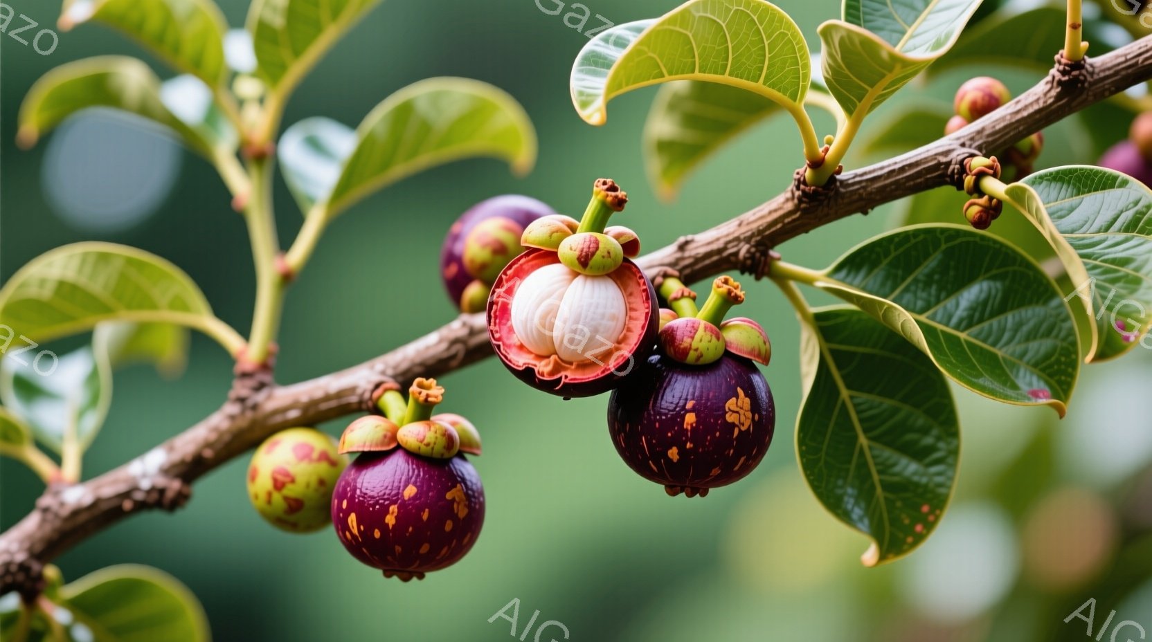 緑色の葉と果実がぶら下がった枝が写っています。果実は赤紫色のものと緑色のものが混ざり、一部は半分に割れて中の白い果肉が見えています。背景はぼやけており、緑豊かな自然の中にいることがわかります。 - AI生成フリー素材