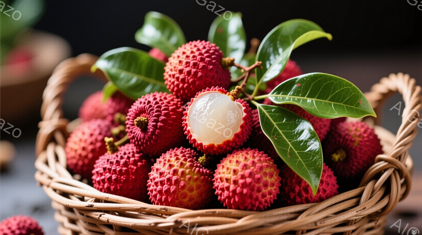 籠の中に赤いライチがぎっしりと詰まっており、葉が添えられています。果実の一部は皮が剥かれて中身が見えており、白く透き通った果肉が美味しさを暗示しています。背景は木製のテーブルで、全体的に暖かく、新鮮な - AI生成フリー素材