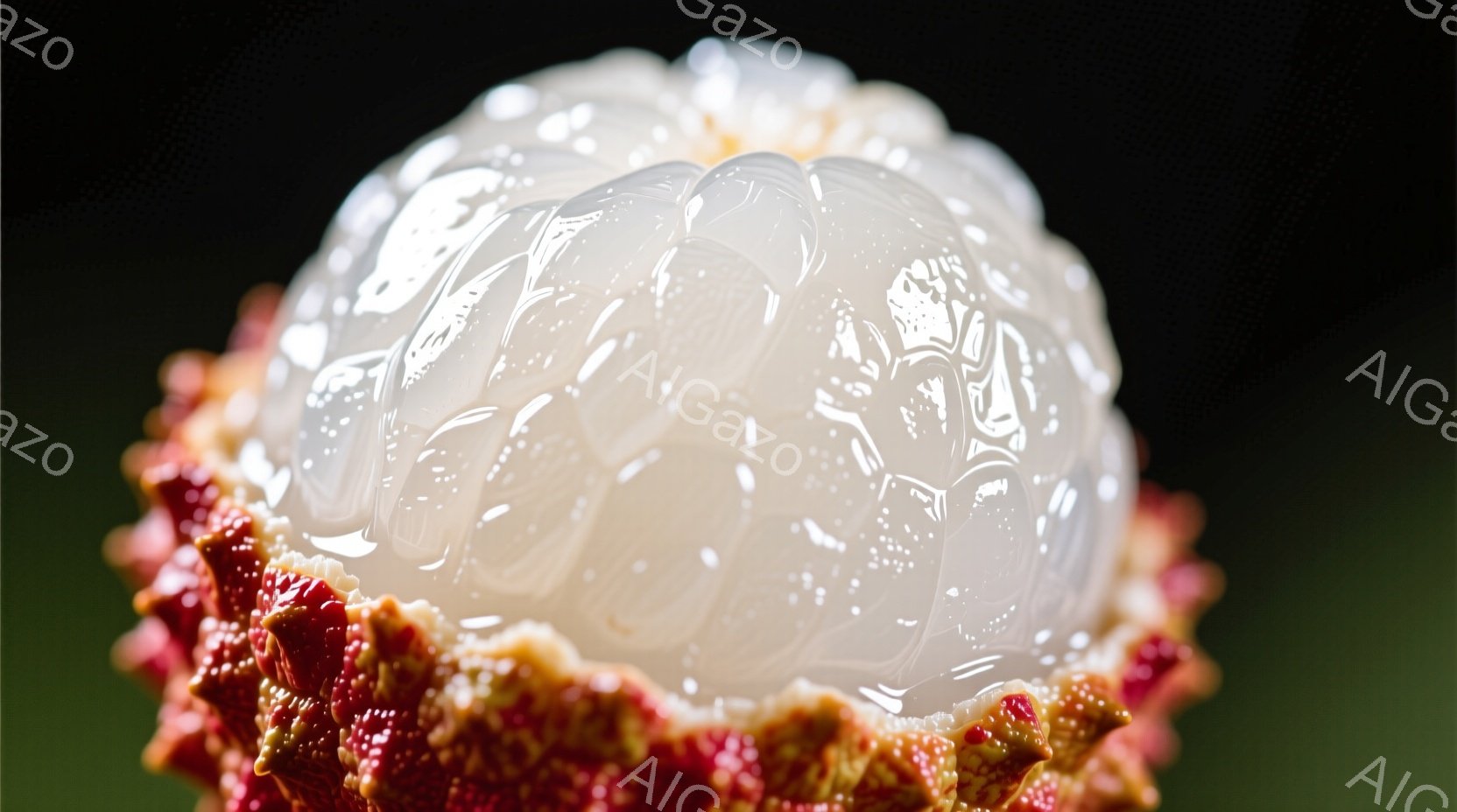 鮮やかな赤色の棘状の装飾が施された、真珠のような白い頭飾りをつけた人物の頭部がクローズアップで捉えられています。頭飾りは複雑な模様で覆われ、光沢があり、まるで氷の彫刻のようです。暗い背景は、頭飾りのコントラストを際立たせ、幻想的で神秘的な雰囲気を醸し出しています。