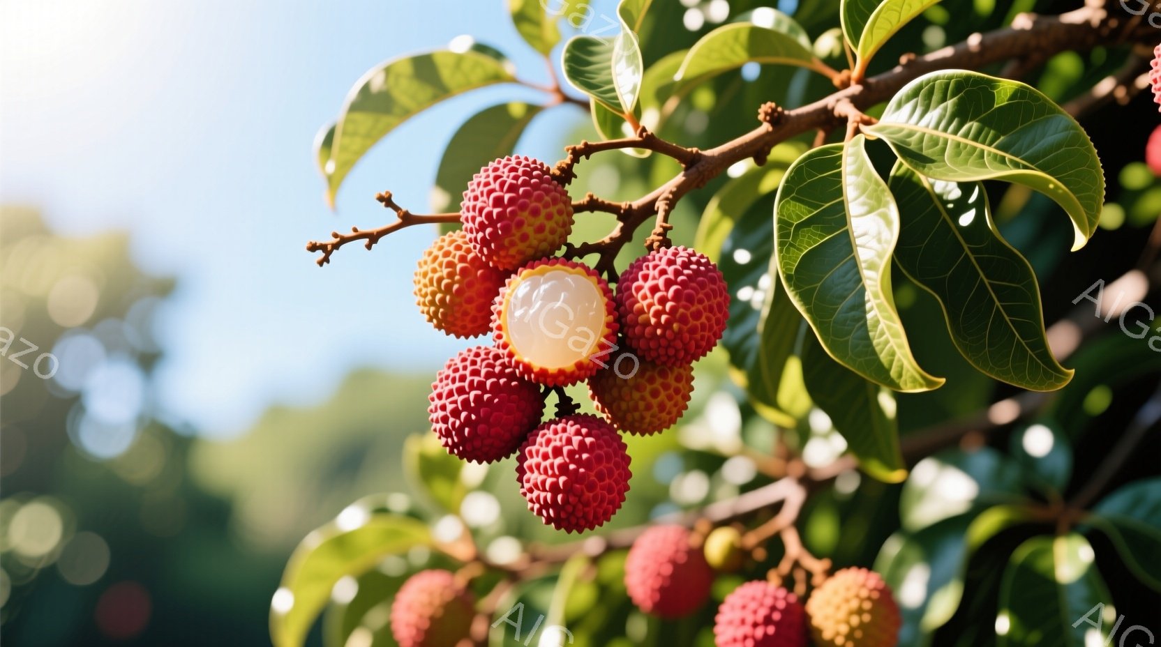 ライチの鮮やかな赤い実が、緑豊かな葉に囲まれて枝にぶら下がっている。一部の実には果肉が見えており、甘くてジューシーな印象を与える。背景はぼやけた緑で、晴れた日の自然な明るさの中で、甘く爽やかな夏の雰囲 - AI生成フリー素材
