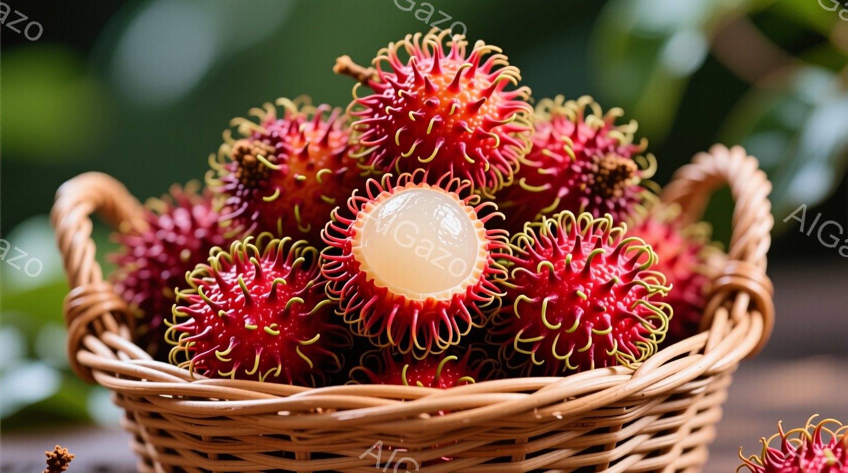 鮮やかな赤色の外皮と緑色の棘を持つライチのような果物が、籐で編まれたバスケットにぎっしりと詰まっています。果物の一部は割れて、白く透明な果肉が見えており、新鮮さと甘さを感じさせます。背景はぼやけていま - AI生成フリー素材